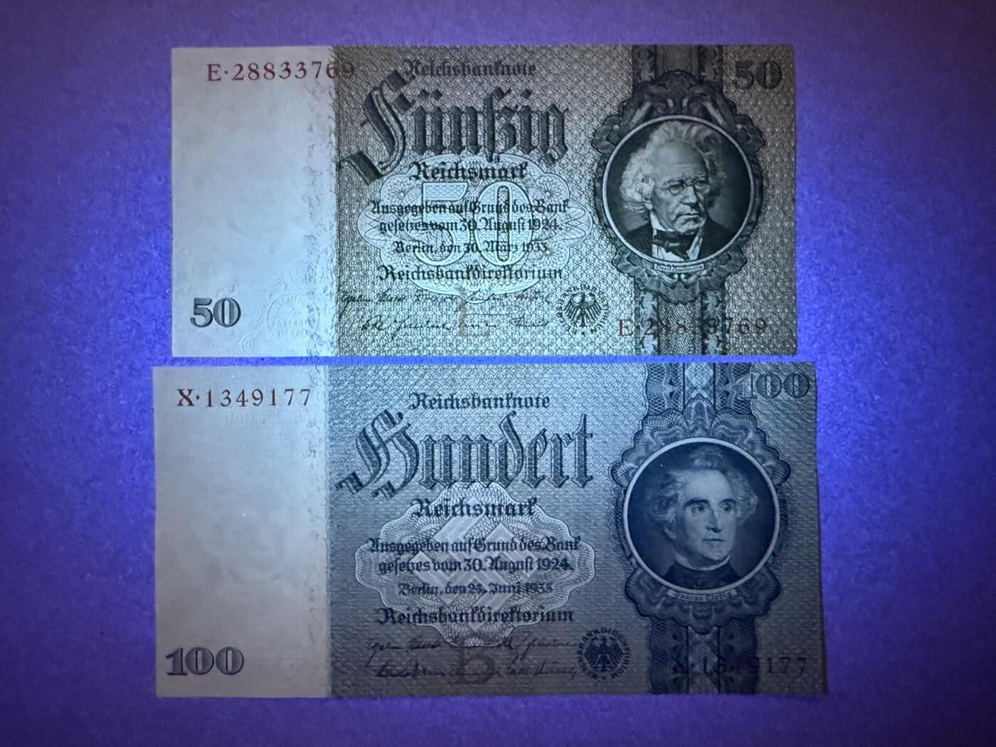 《艾美收藏》第214期-10.7周二国庆外币超白金场 德国50、100马克2张 UNC 1933年老版本