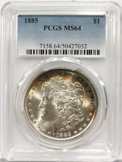 博洋堂世界钱币拍卖第142期（全场包邮） - PCGS MS64 美国1885摩根 正反面都有绚丽的环状五彩包浆