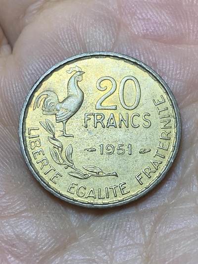 2025年第一百零四场(总第一百三十场）外国好品散币及老藏家邮票场(免佣金) - 法国🇫🇷1951年20法郎