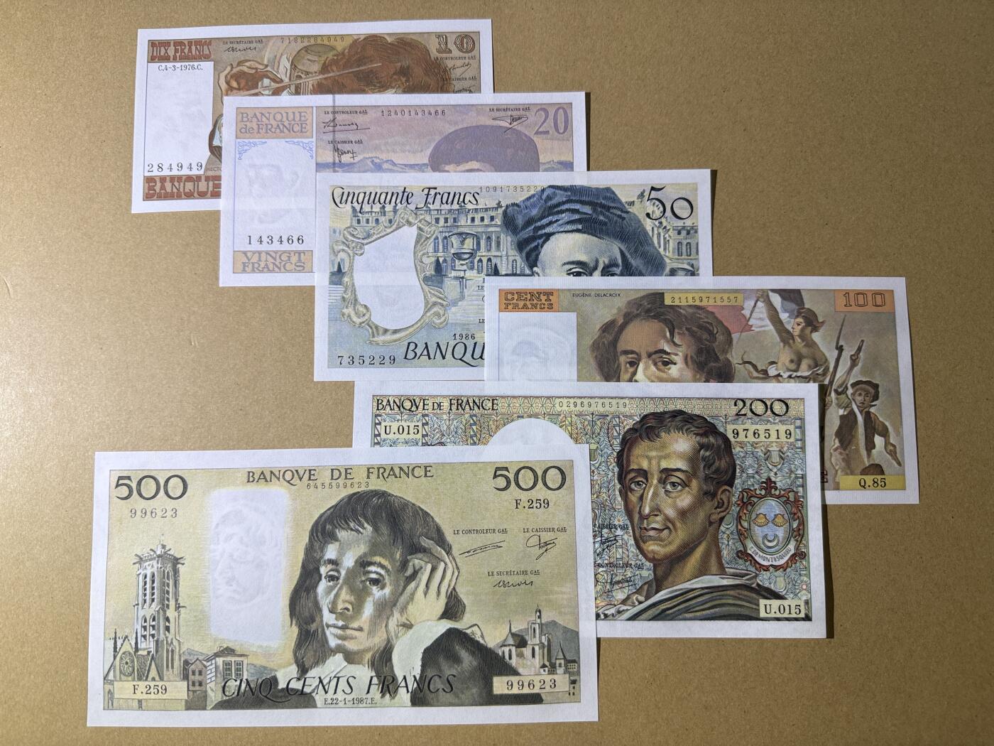 《艾美收藏》第214期-10.7周二国庆外币超白金场 法国10、20、50、100、200、500法郎6张 UNC 倒二版一套