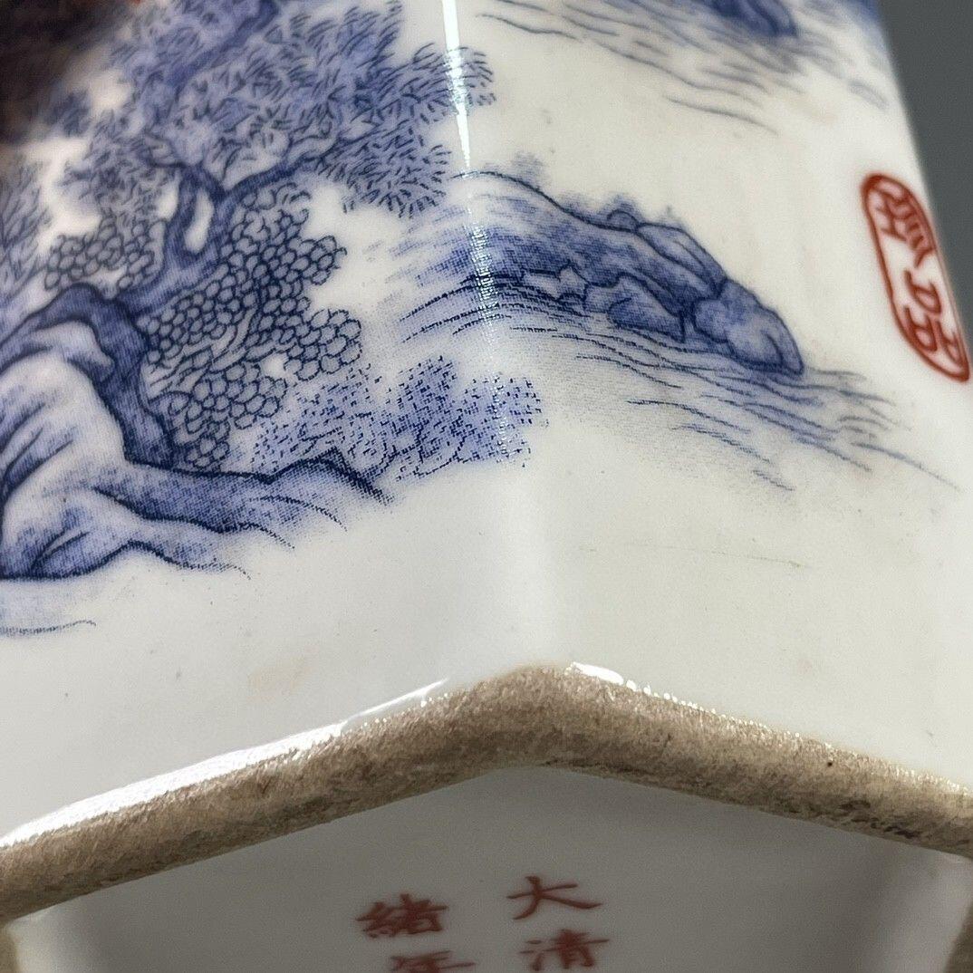 听雨轩  古玩陶瓷专场 青花依山傍水六棱笔筒