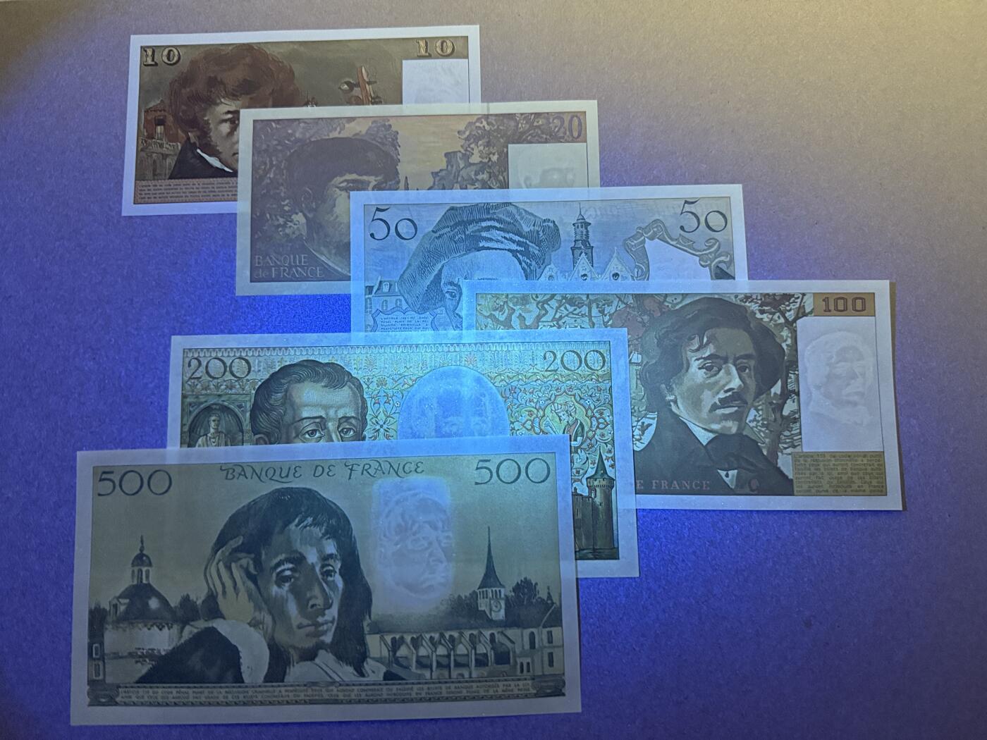 《艾美收藏》第214期-10.7周二国庆外币超白金场 法国10、20、50、100、200、500法郎6张 UNC 倒二版一套