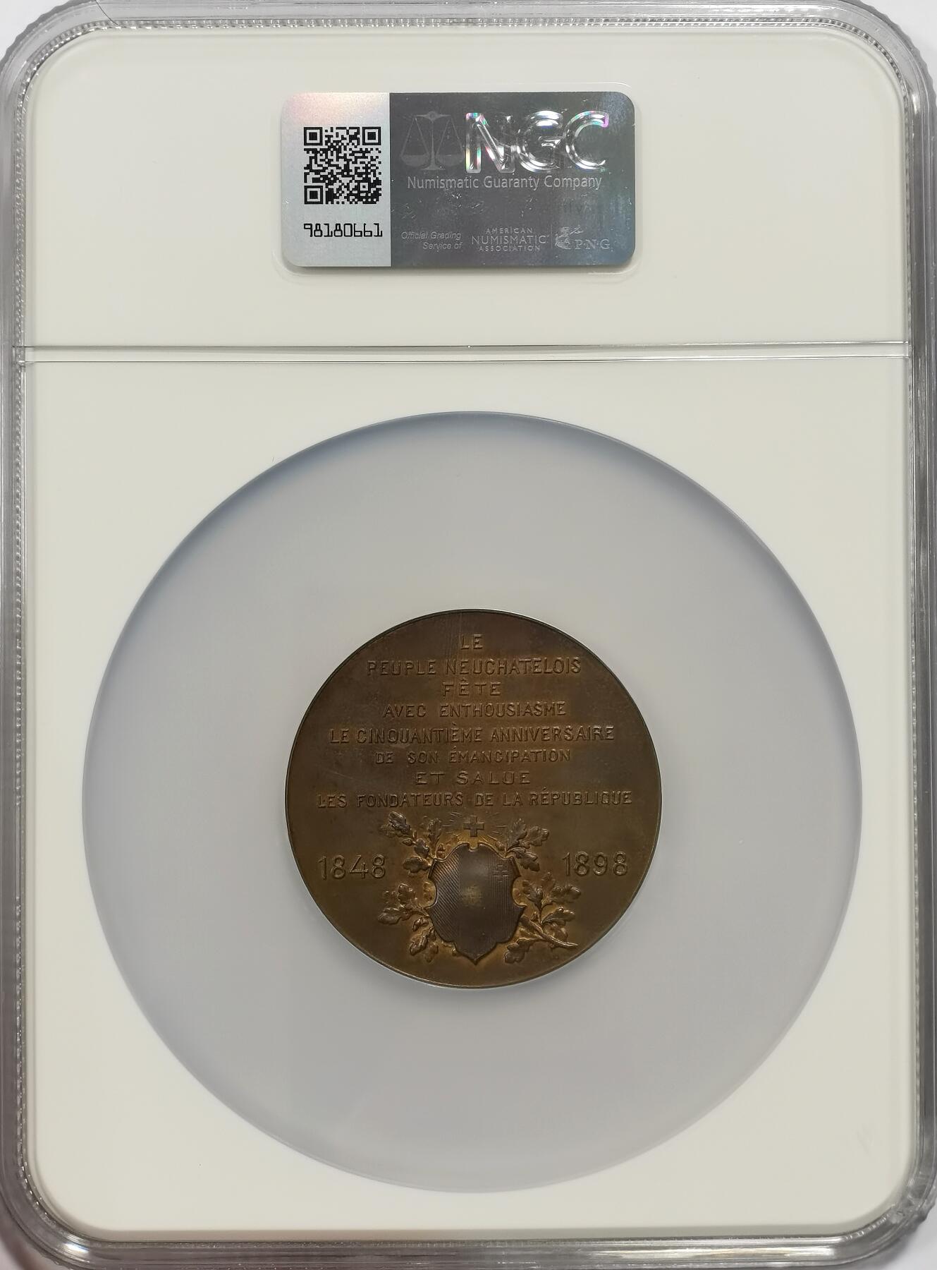博洋堂世界钱币拍卖第142期（全场包邮） NGC MS63 瑞士1898年独立纪念巨大铜章，亚军分，更高只有一枚！原光RD，超高浮雕，工业革命经典代表作！