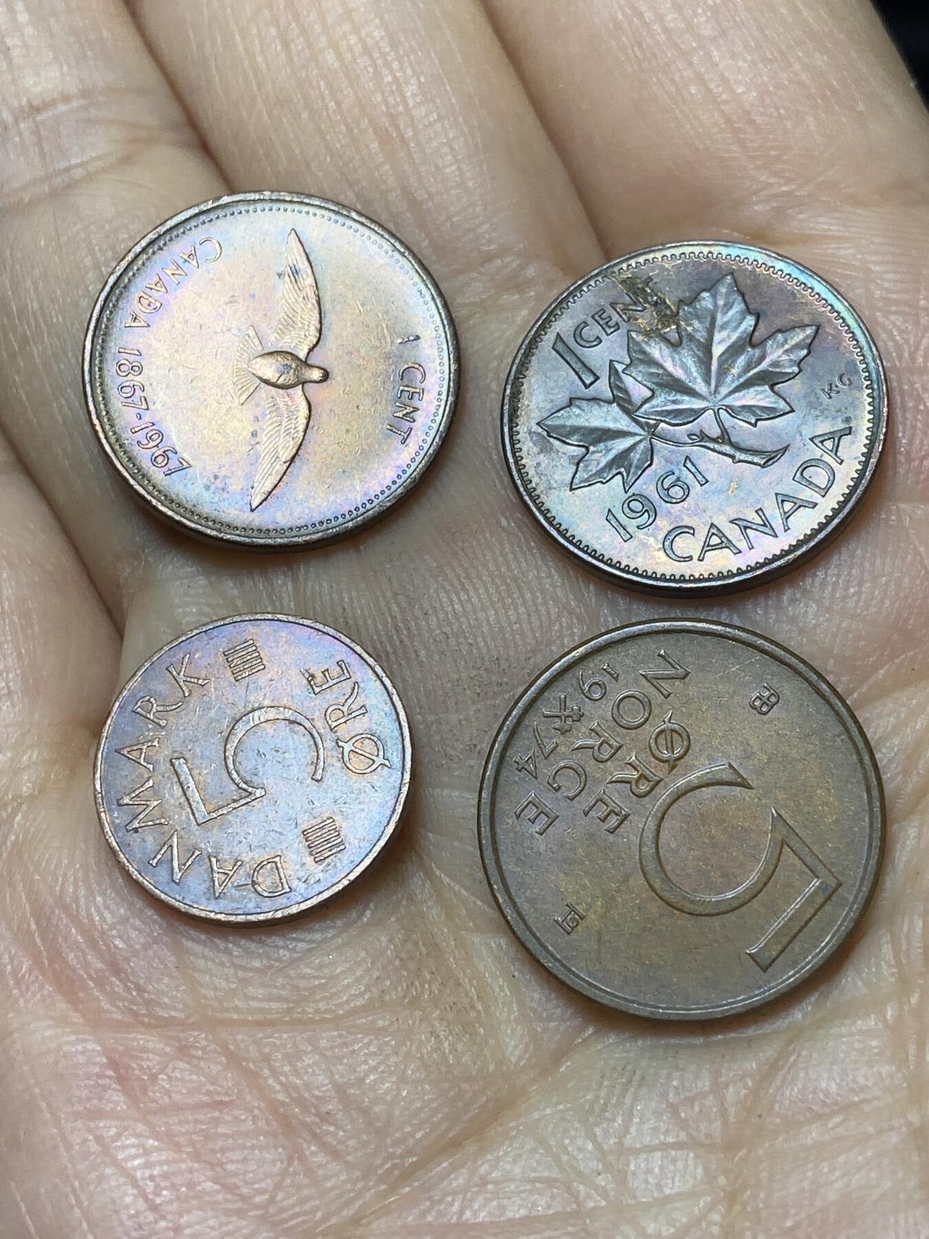 2025年第一百零四场(总第一百三十场）外国好品散币及老藏家邮票场(免佣金) 散币4枚：加拿大🇨🇦1961年、1967年1分，丹麦🇩🇰1978年5欧尔，挪威🇳🇴1974年5欧尔
