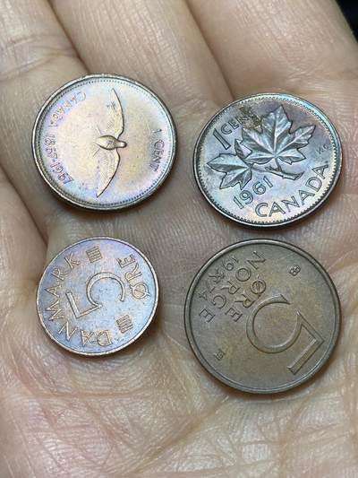 2025年第一百零四场(总第一百三十场）外国好品散币及老藏家邮票场(免佣金) - 散币4枚：加拿大🇨🇦1961年、1967年1分，丹麦🇩🇰1978年5欧尔，挪威🇳🇴1974年5欧尔