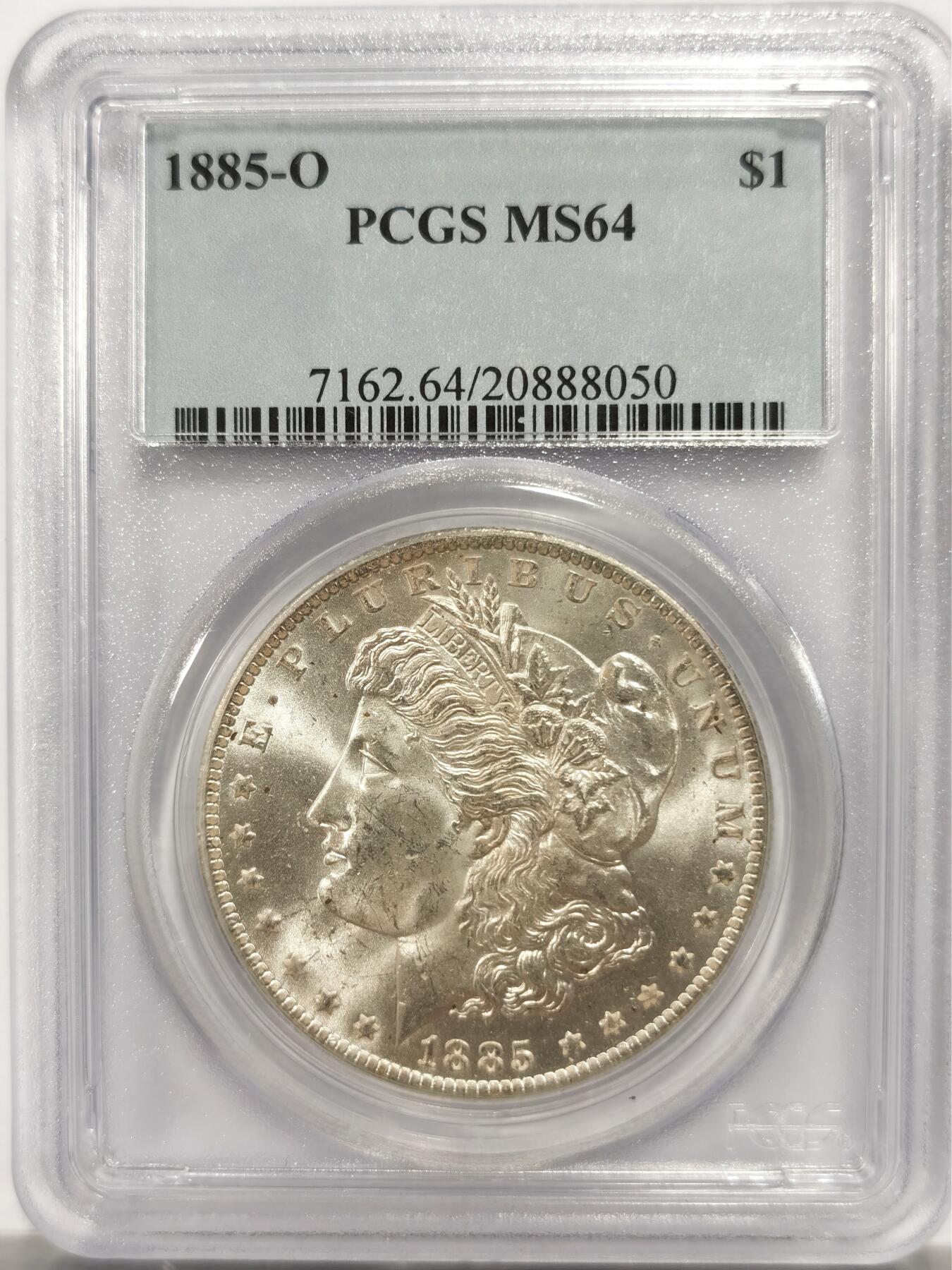 博洋堂世界钱币拍卖第142期（全场包邮） PCGS MS64 美国1885-O摩根 正面左下角卡槽有一小缺