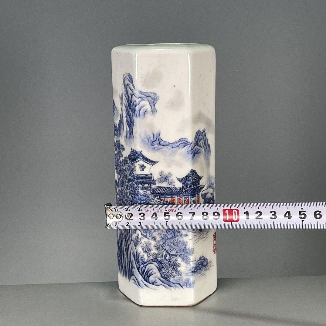 听雨轩  古玩陶瓷专场 青花依山傍水六棱笔筒