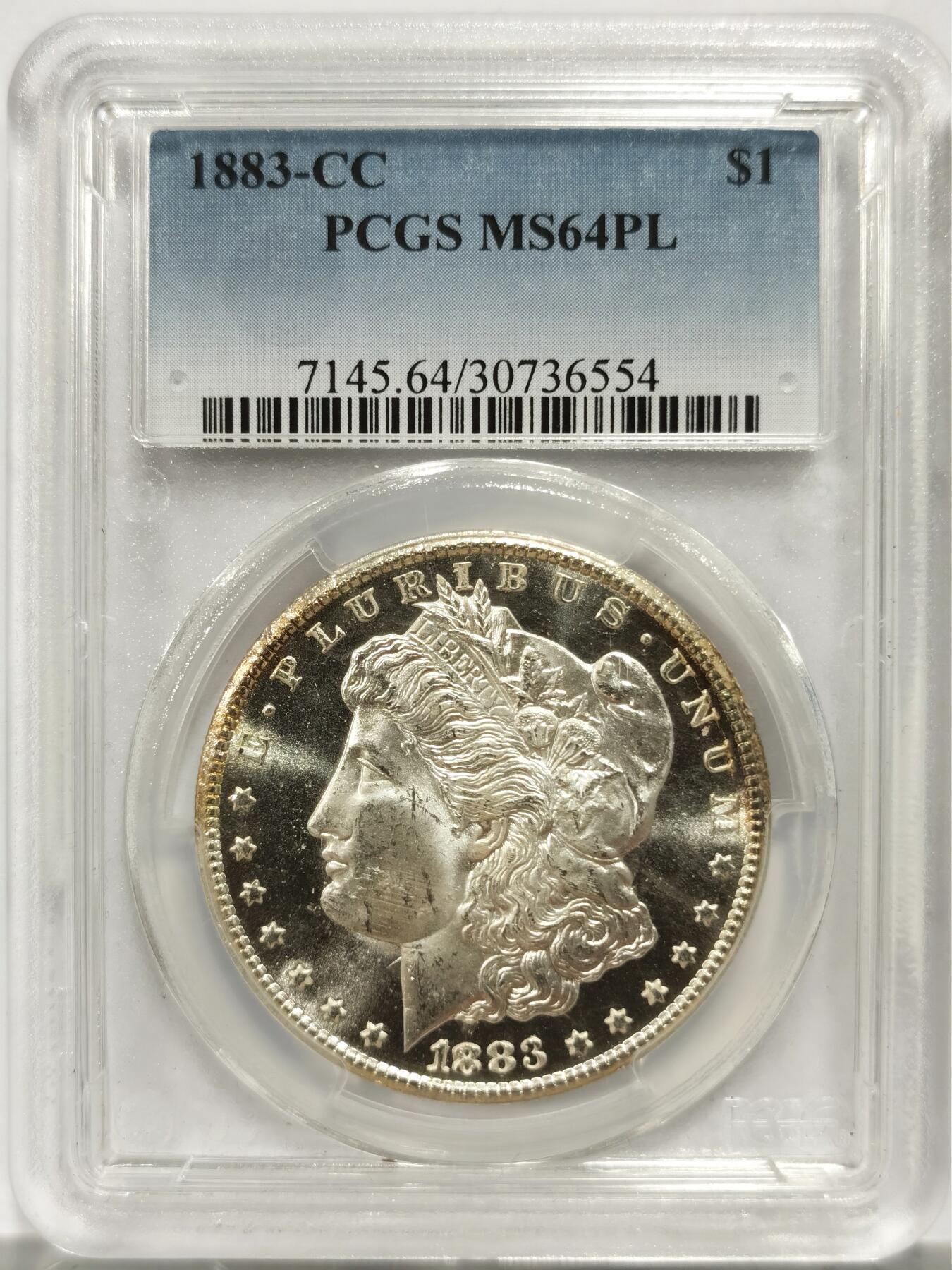 博洋堂世界钱币拍卖第142期（全场包邮） PCGS MS64PL 美国1883-CC摩根 相当稀有的类精致卡森厂版别 在麦稀奇绝无仅有的稀有版别配上高分 是不可多得的收藏好品