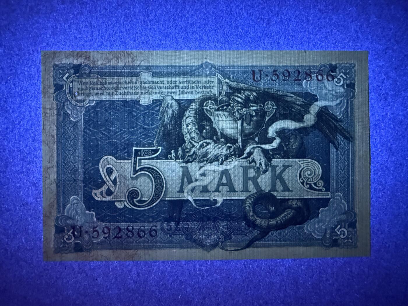《艾美收藏》第214期-10.7周二国庆外币超白金场 德国5马克 UNC 1904年老版本 德国帝国银行 无47双尾