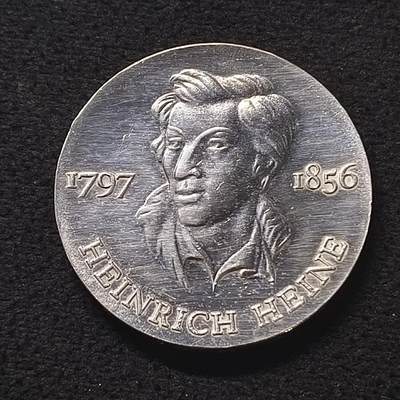 【全场包邮】纯粹捡漏拍467场 - 德国民主德国1972年10马克诗人海涅诞生175周年纪念银币