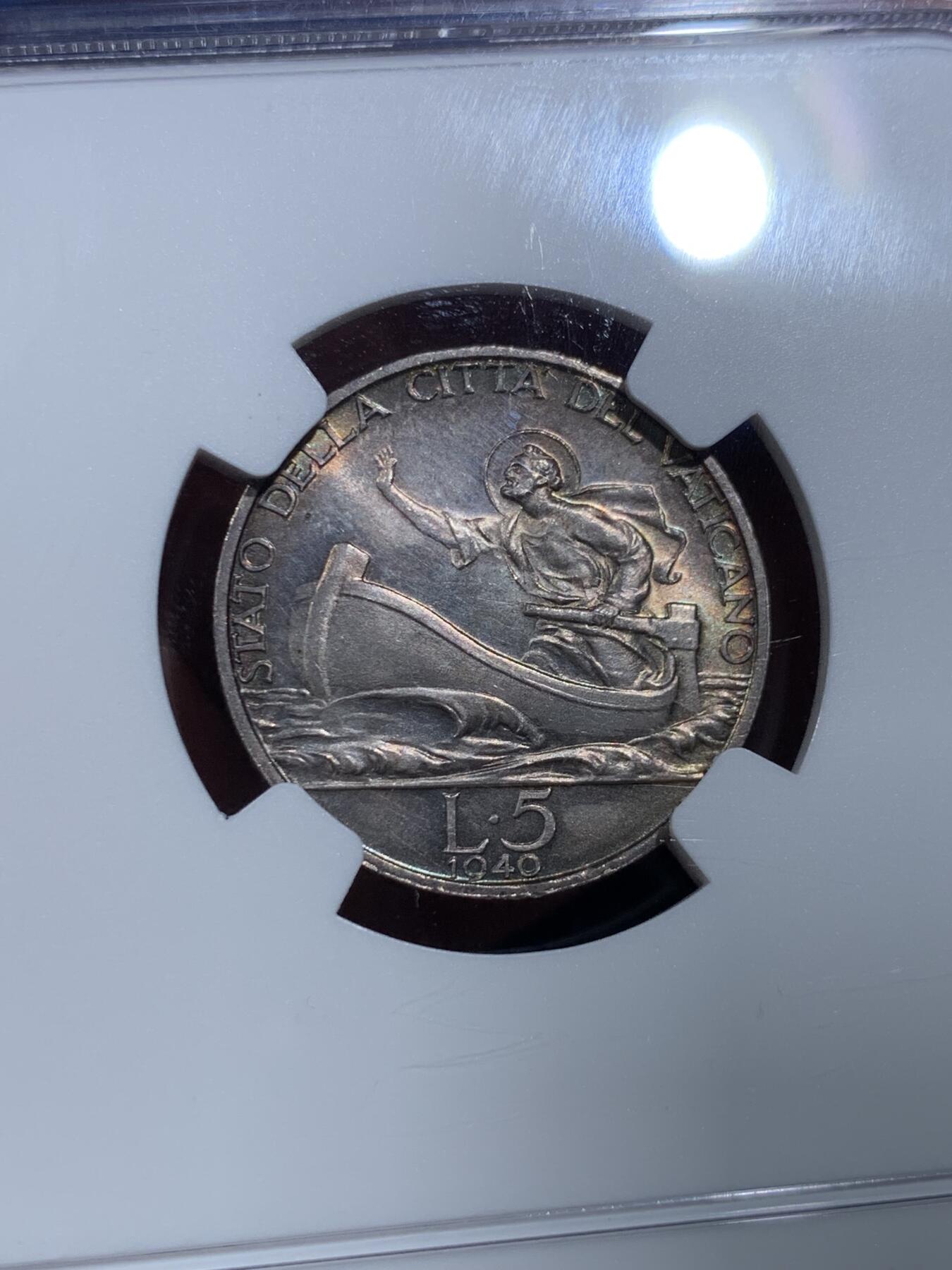 《竞宝斋》第425场 周日，周一  2场连拍 （全场包邮） NGC MS63 梵蒂冈 1940年 庇护十二世教皇像 5里拉 银币