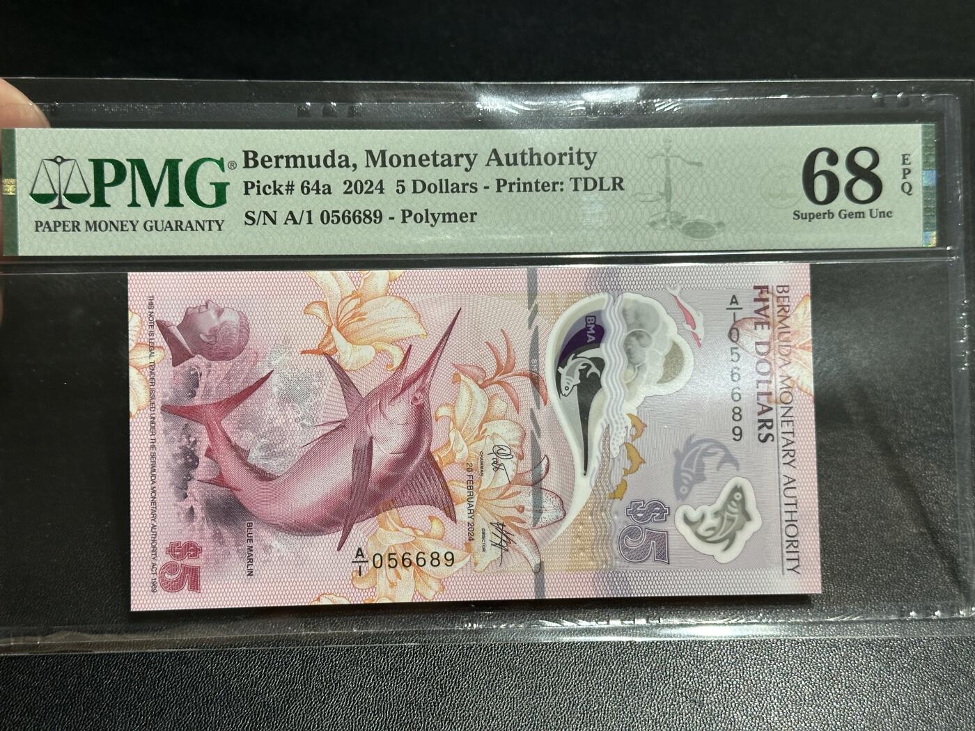 《外钞收藏家》第五百七十三期（精品场）（本平台长期征集拍品、欢迎藏友们联系合作） 2024年百慕大5元 A/1冠 PMG68 高分 获奖钞