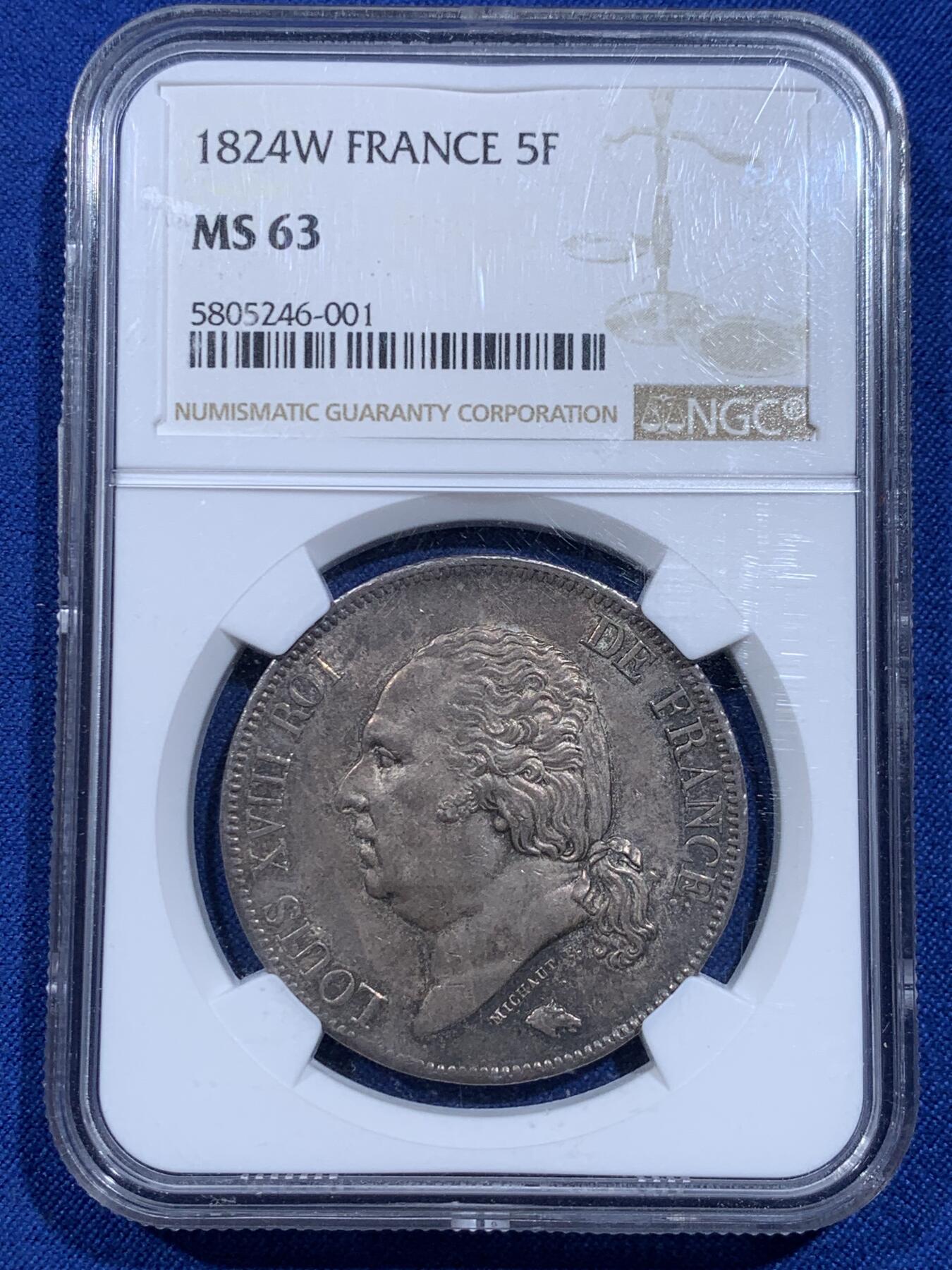《竞宝斋》第425场 周日，周一  2场连拍 （全场包邮） NGC MS63 法国1824W 路易十八5法郎银币 高分好品 亚军分 更高分仅两枚