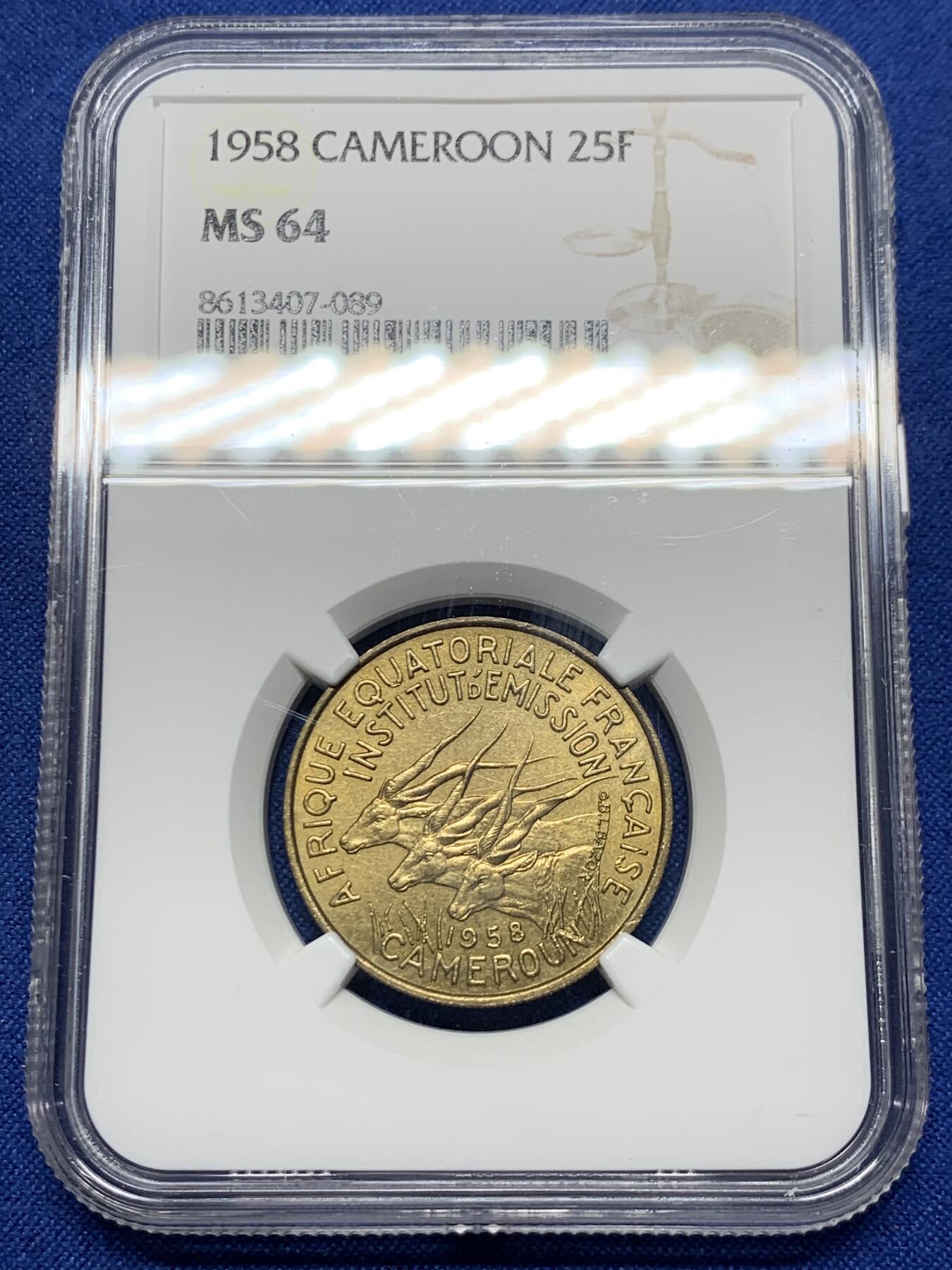 《竞宝斋》第425场 周日，周一  2场连拍 （全场包邮） NGC MS64 法属喀麦隆1958年25法郎铜币 季军分 更高分仅4枚 此分合适收藏！
