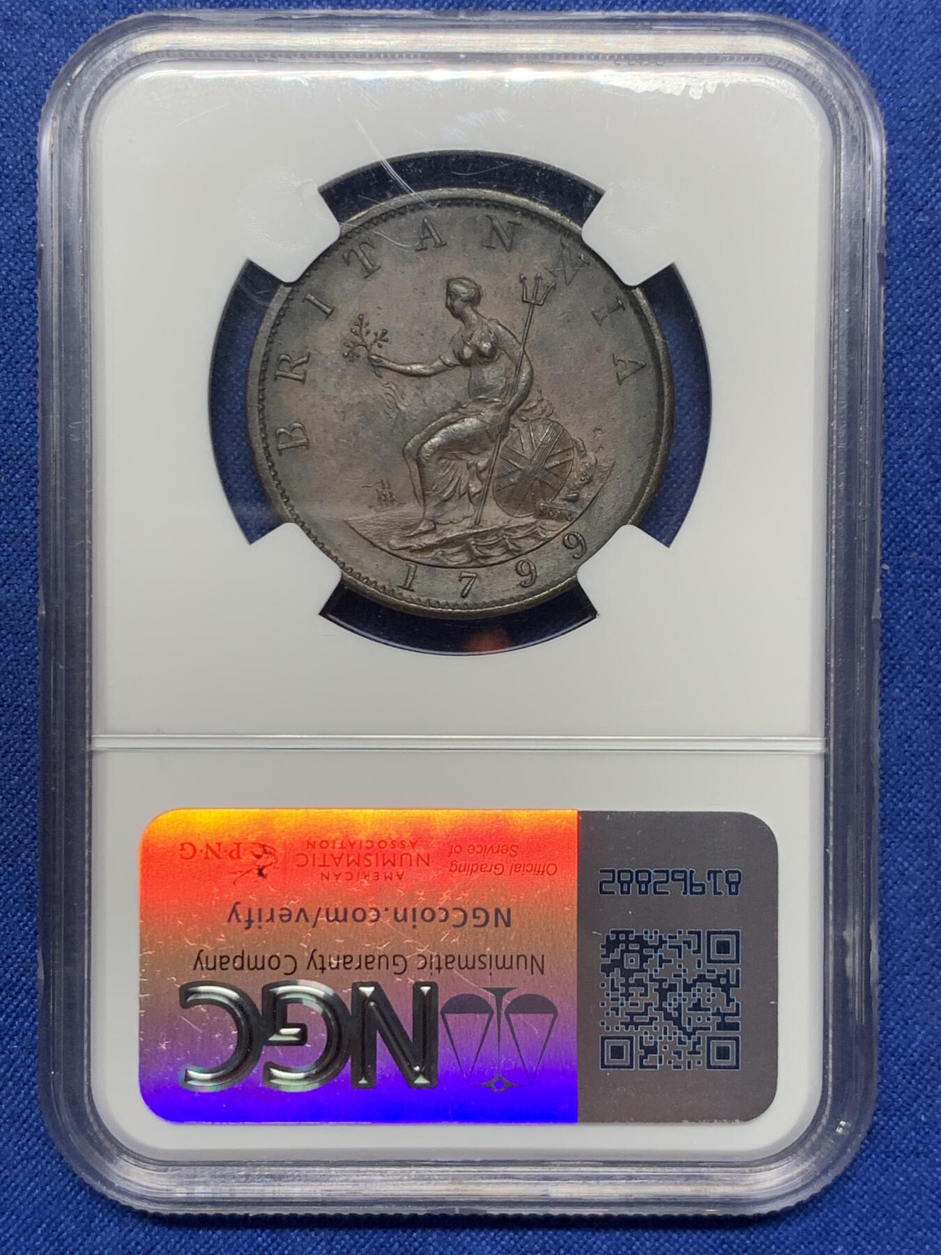 《竞宝斋》第425场 周日，周一  2场连拍 （全场包邮） NGC AU58BN 英国1799年乔治三世soho出厂的半便士 巧克力棕色