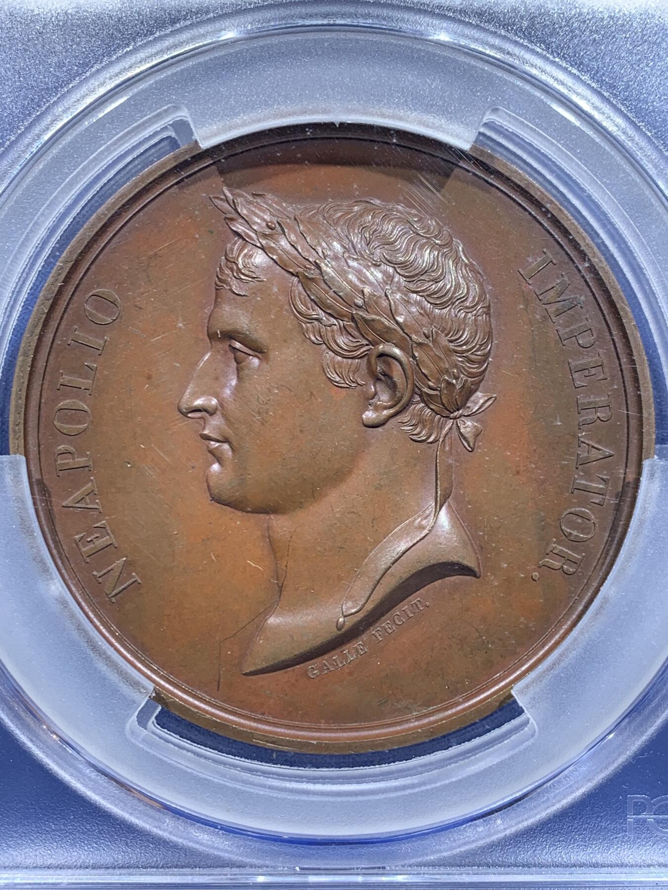 《竞宝斋》第425场 周日，周一  2场连拍 （全场包邮） PCGS SP64 法国1804年拿破仑一世皇帝加冕大铜章，68mm，拿皇登基，少见一流品相，加大加厚盒。