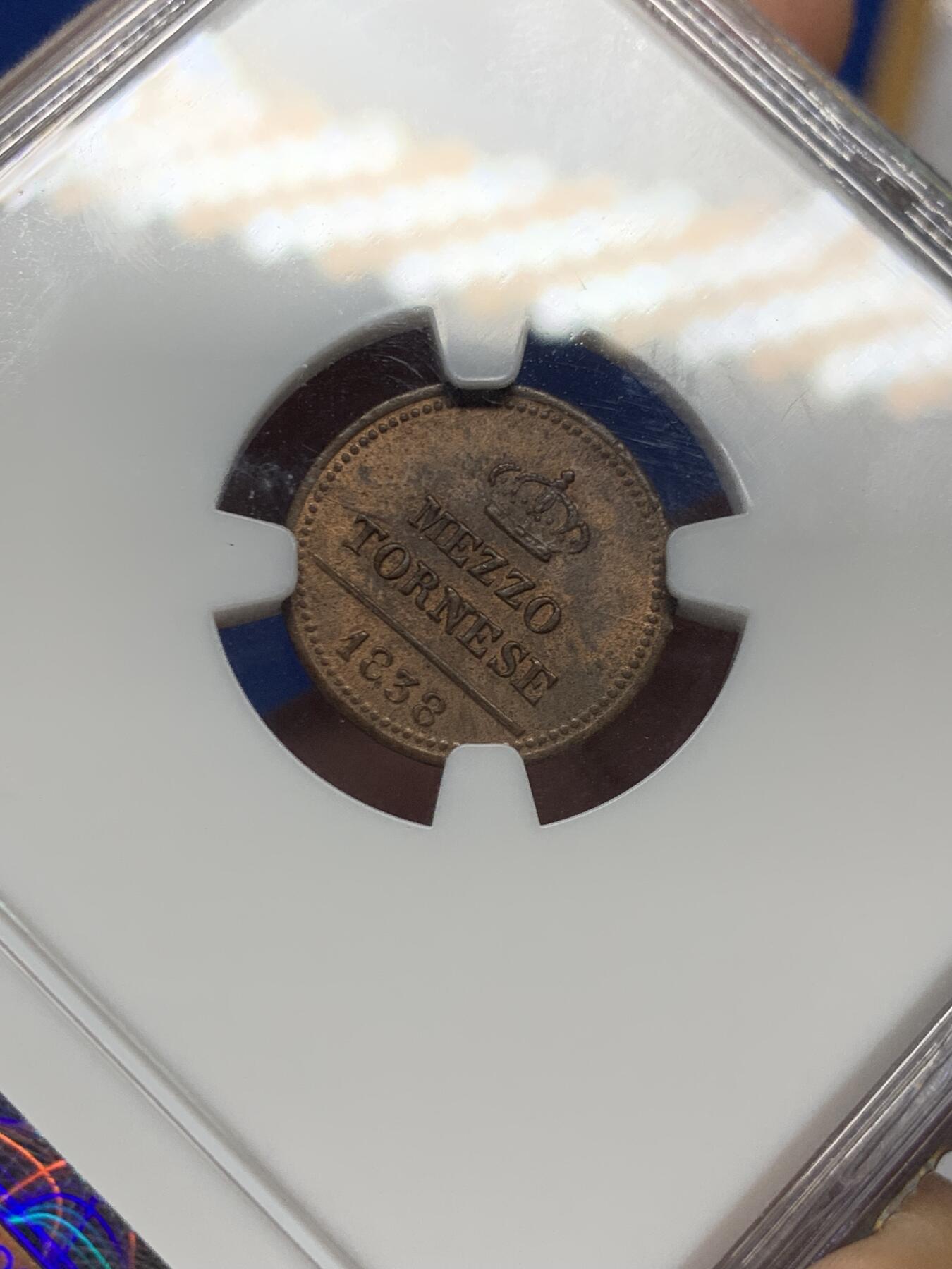《竞宝斋》第425场 周日，周一  2场连拍 （全场包邮） 名家旧藏 NGC MS64RB 意大利1838年两西西里王国1/2托尼斯铜币，纽曼旧藏，HA出品