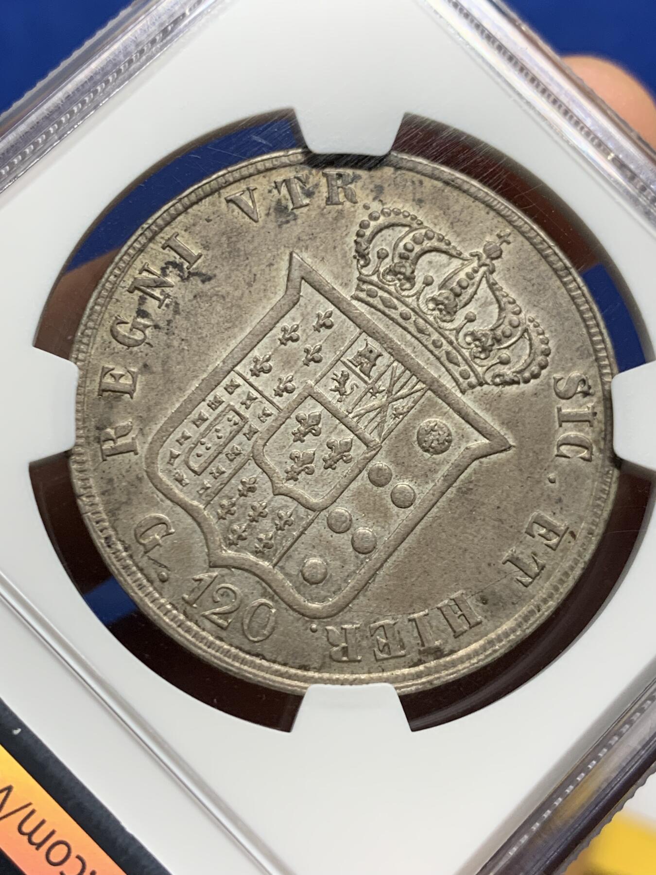 《竞宝斋》第425场 周日，周一  2场连拍 （全场包邮） NGC AU58 意大利1857年那不勒斯和西西里王国费迪南多二世老年版120G大银币 包浆醇厚