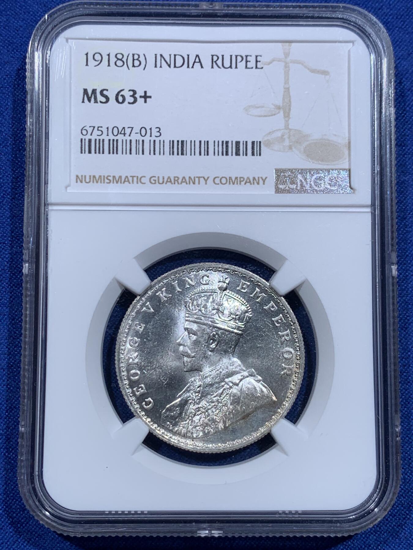 《竞宝斋》第425场 周日，周一  2场连拍 （全场包邮） NGC MS63+ 英属印度 1918年B版 乔治五世 1卢比 银币 超强转光