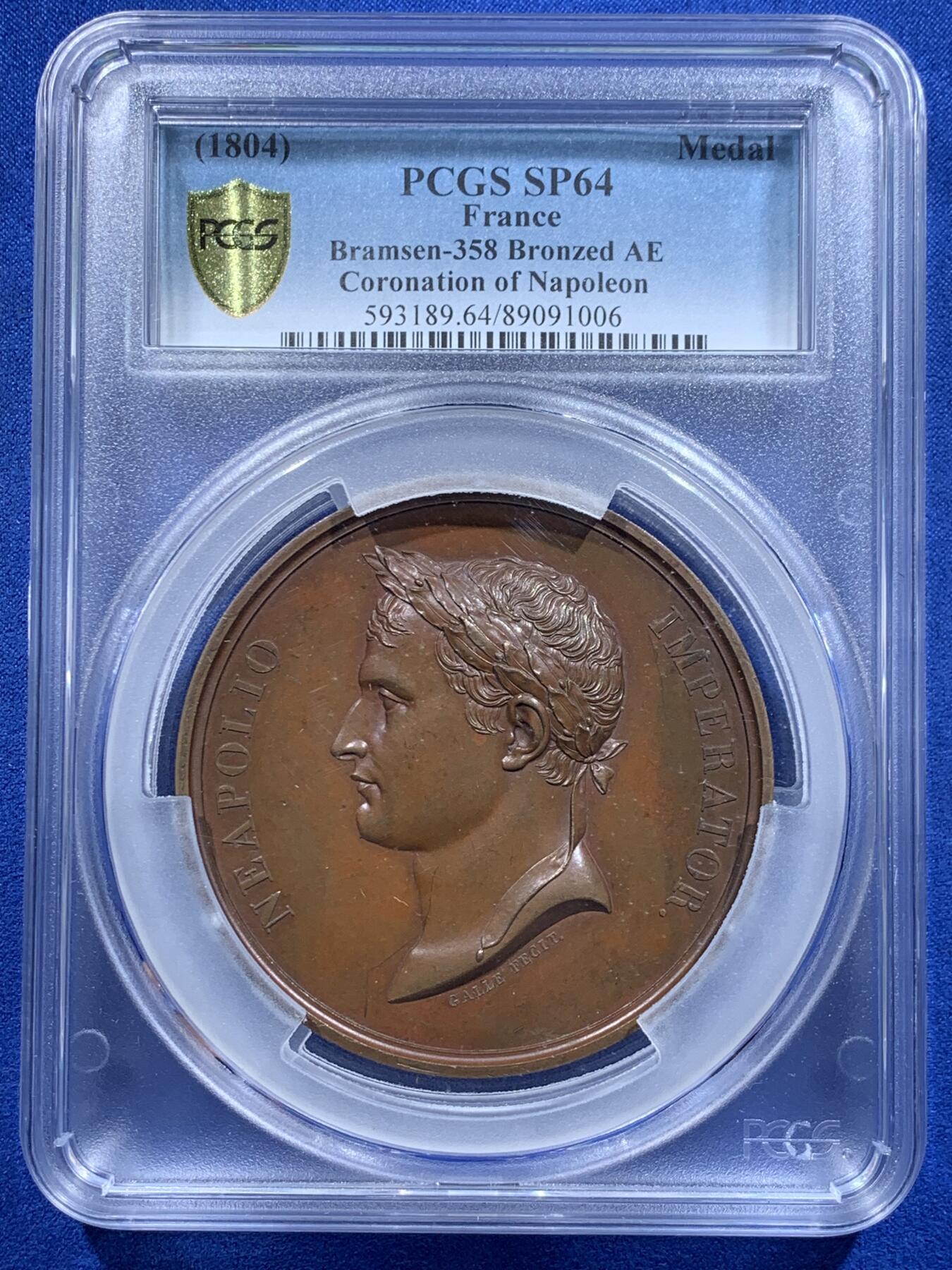 《竞宝斋》第425场 周日，周一  2场连拍 （全场包邮） PCGS SP64 法国1804年拿破仑一世皇帝加冕大铜章，68mm，拿皇登基，少见一流品相，加大加厚盒。