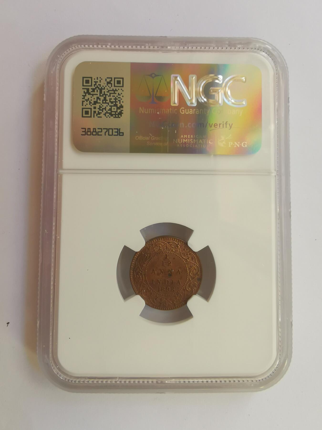 巨藏钱币第三期10月7日8点古今中外硬币套装银币 NGC-MS62英属印度1898年1/12安娜铜币