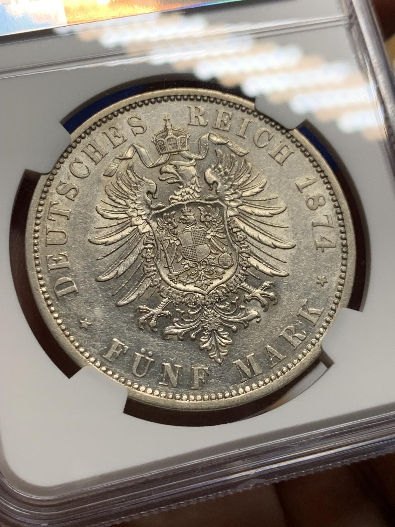 《竞宝斋》第425场 周日，周一  2场连拍 （全场包邮） NGC AU50 德国普鲁士1874年威廉一世短翅鹰5马克银币