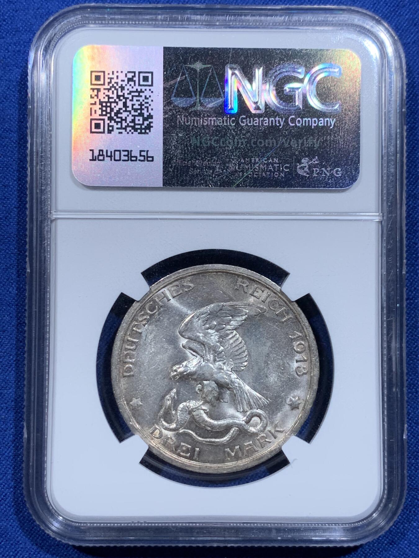 《竞宝斋》第425场 周日，周一  2场连拍 （全场包邮） NGC MS62 德国 1913年 普鲁士击败拿破仑 3马克 银币