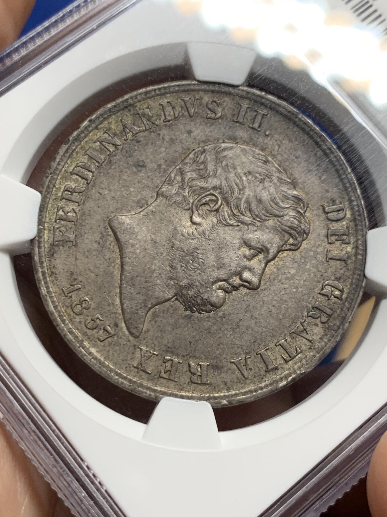 《竞宝斋》第425场 周日，周一  2场连拍 （全场包邮） NGC AU58 意大利1857年那不勒斯和西西里王国费迪南多二世老年版120G大银币 包浆醇厚