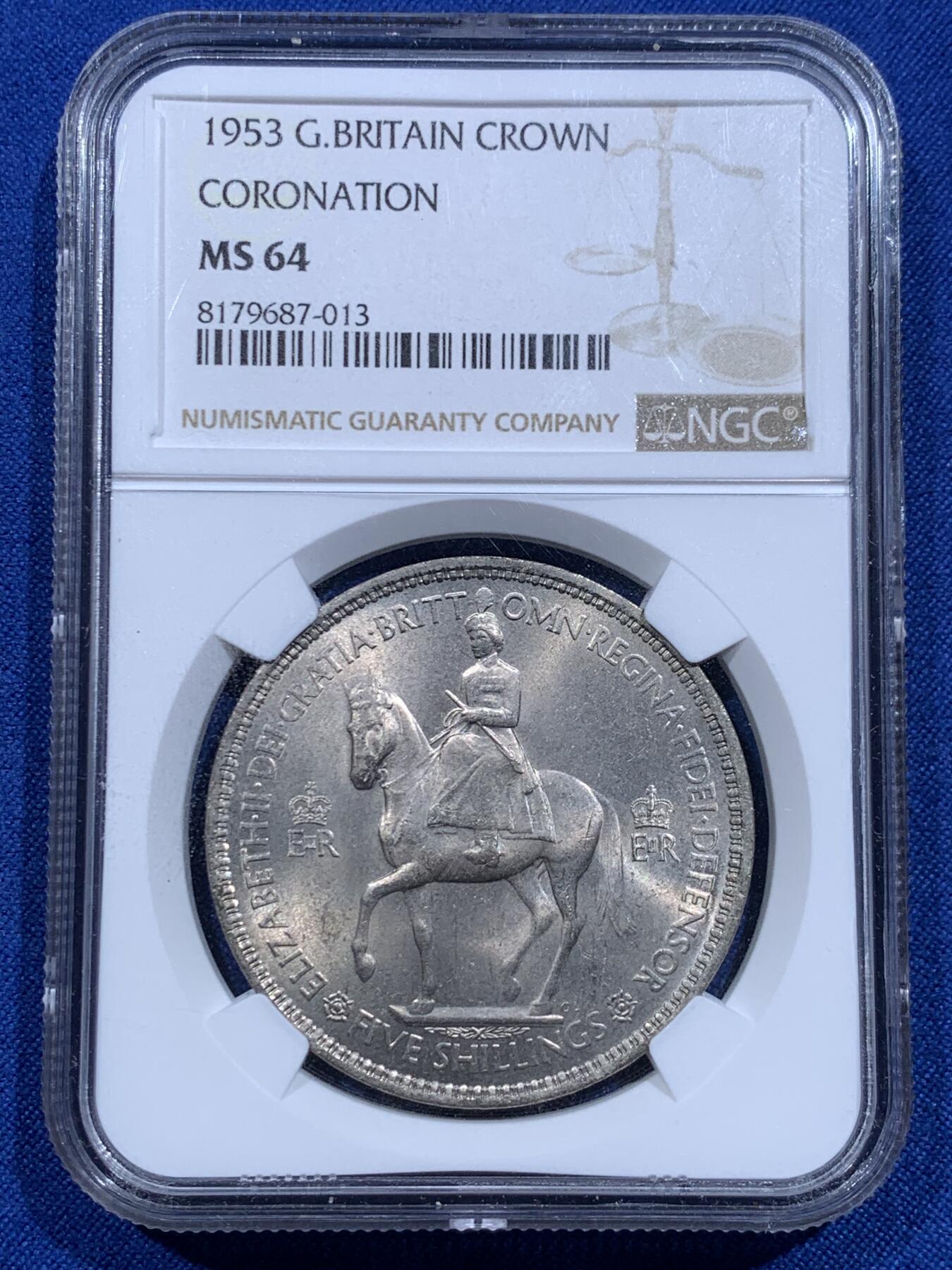 《竞宝斋》第425场 周日，周一  2场连拍 （全场包邮） NGC MS64 英国 1953年 伊丽莎白二世登基 1克朗 镍币