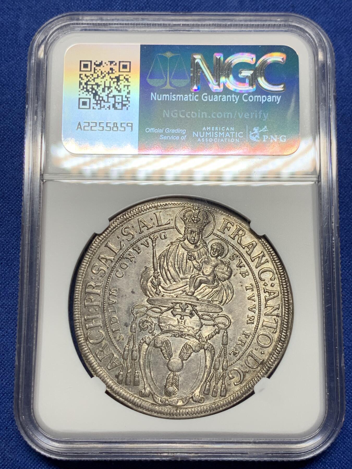 《竞宝斋》第425场 周日，周一  2场连拍 （全场包邮） 冠军分 NGC MS62 神圣罗马帝国 萨尔茨堡 1709年 抱婴泰勒大银币 打制底板极好 目测低评了 高分高价品种