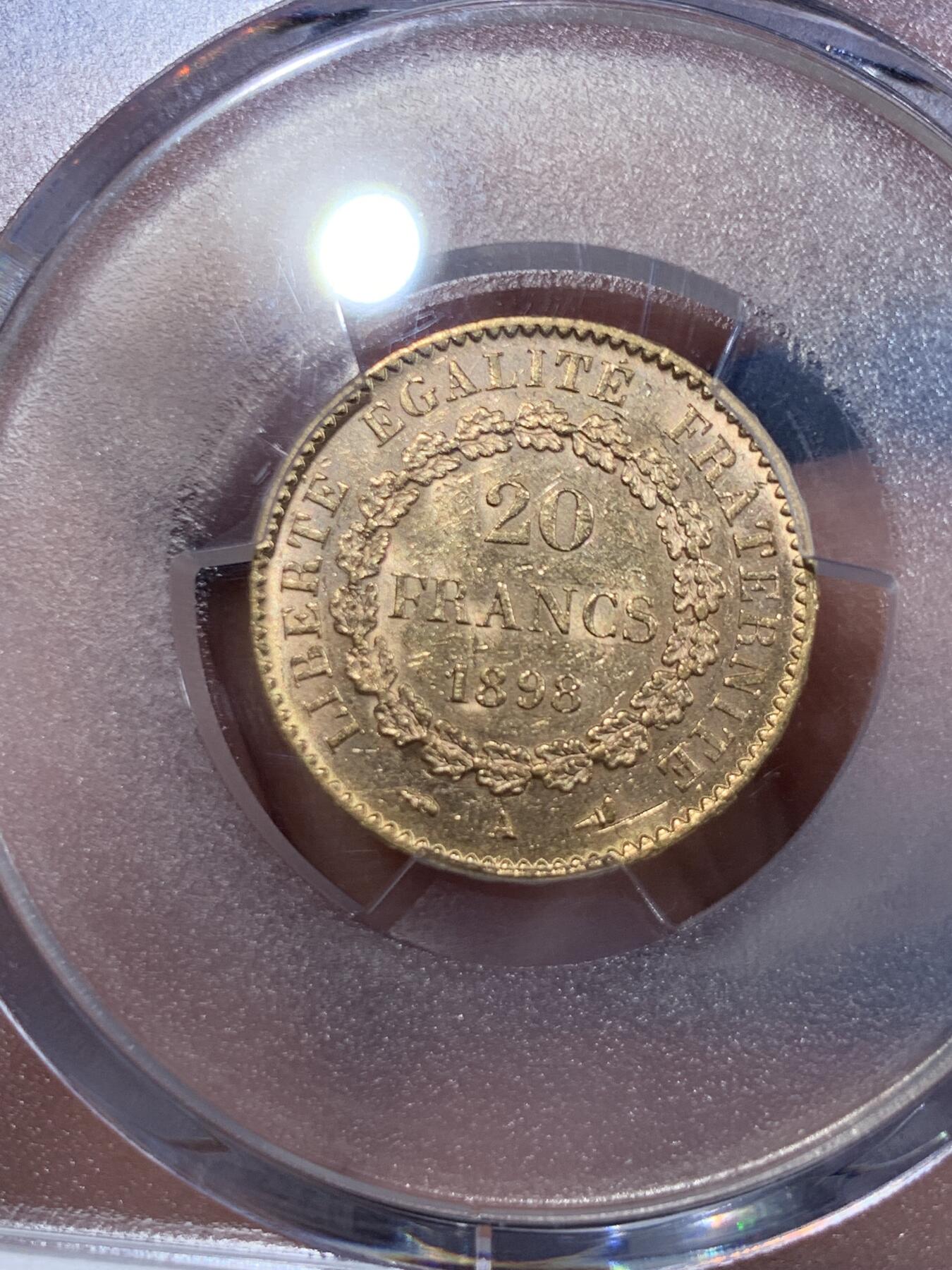 《竞宝斋》第425场 周日，周一  2场连拍 （全场包邮） PCGS MS62 法国1898年A版20法郎金币 900金 6.45克