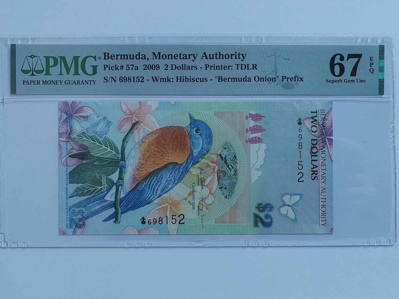 PMG67 百慕大 2 元蓝鸟 钞全新UNC 洋葱冠 首发冠IBNS获奖 钞最佳 2009 全程无47