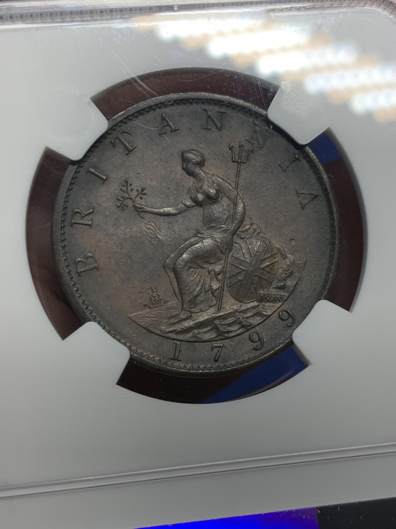 《竞宝斋》第425场 周日，周一  2场连拍 （全场包邮） NGC AU58BN 英国1799年乔治三世soho出厂的半便士 巧克力棕色