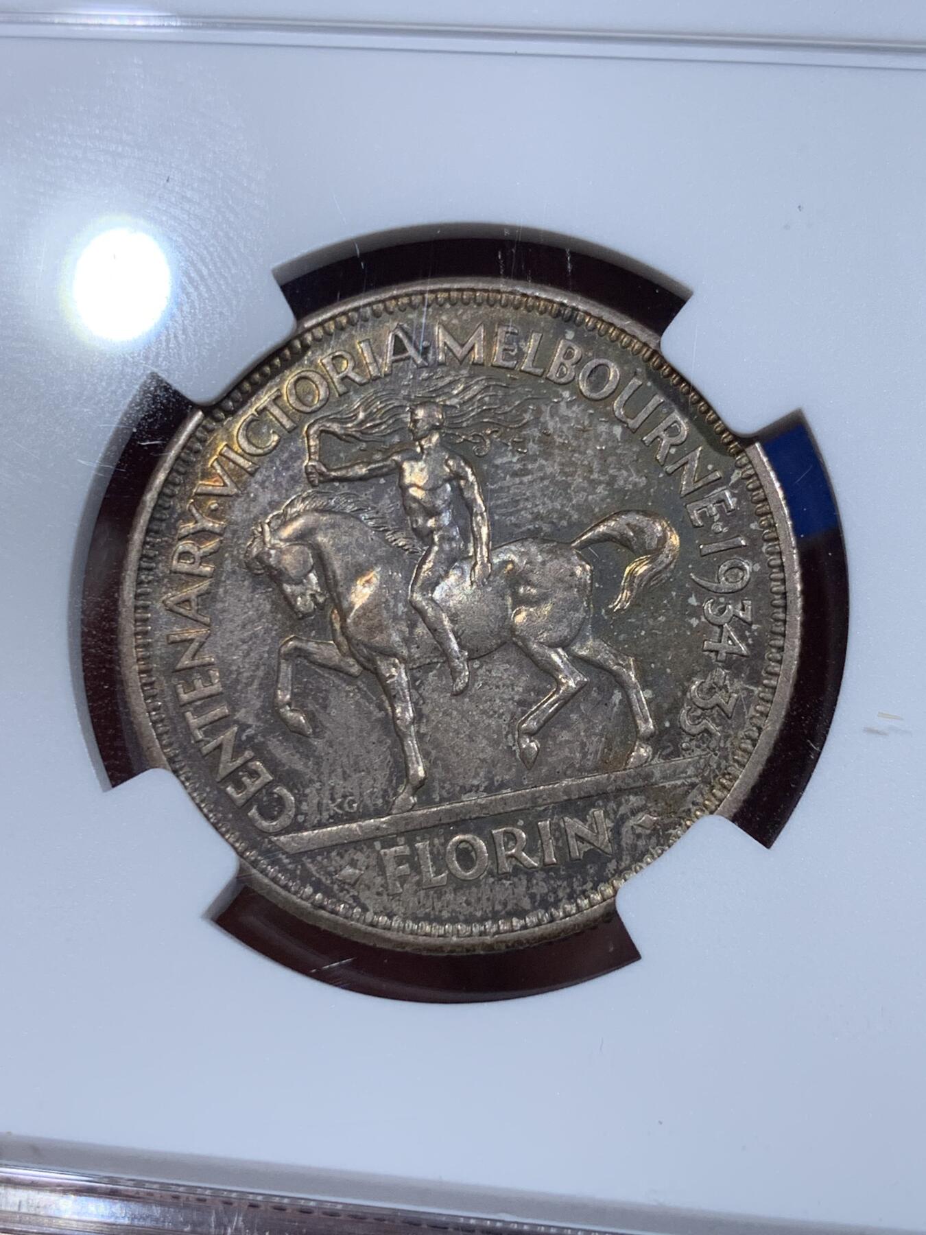 《竞宝斋》第425场 周日，周一  2场连拍 （全场包邮） 名誉品 NGC MS64 澳大利亚 1934-35 乔治五世 维多利亚州和墨尔本建城一百周年纪念银币 2023年同分6800成交