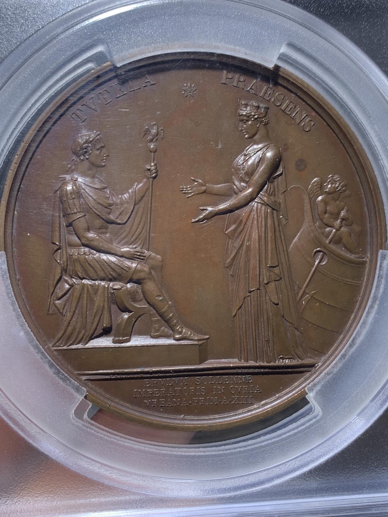 《竞宝斋》第425场 周日，周一  2场连拍 （全场包邮） PCGS SP64 法国1804年拿破仑一世皇帝加冕大铜章，68mm，拿皇登基，少见一流品相，加大加厚盒。