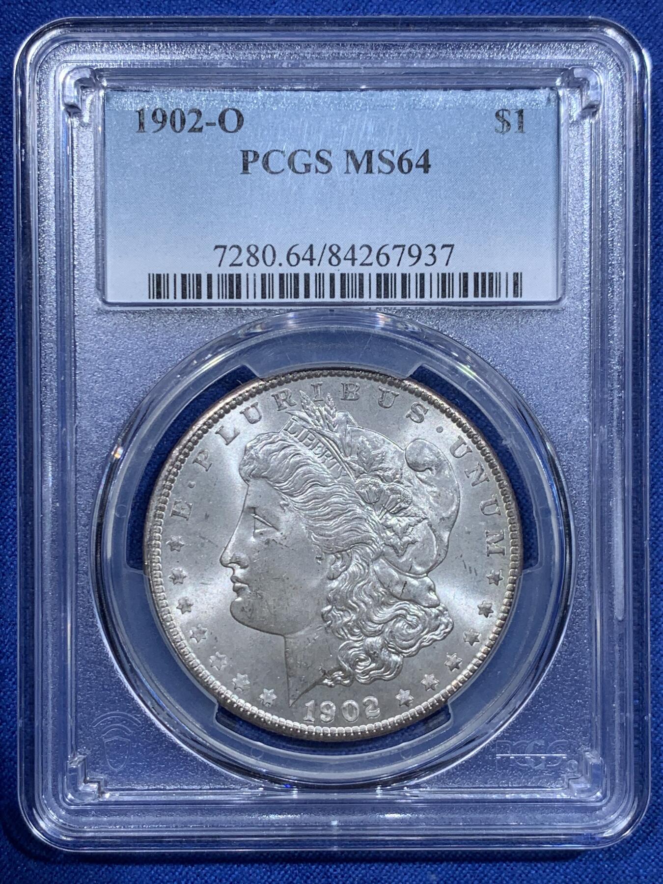 《竞宝斋》第425场 周日，周一  2场连拍 （全场包邮） PCGS MS64 美国1902年O版摩根一元银币 白净好品