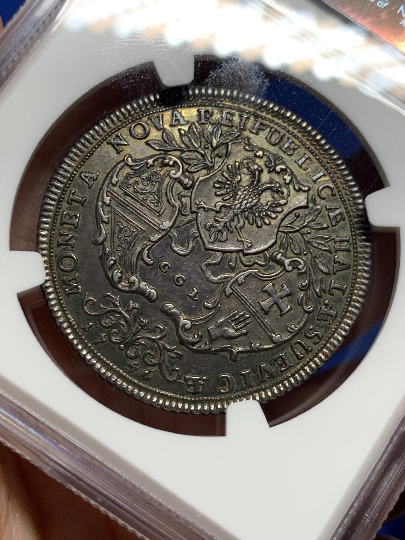 《竞宝斋》第425场 周日，周一  2场连拍 （全场包邮） 亚军分 NGC MS63 德国 1746年 施韦比施哈尔市 弗朗茨一世 1/2泰勒银币 发行量只有802的名誉品种