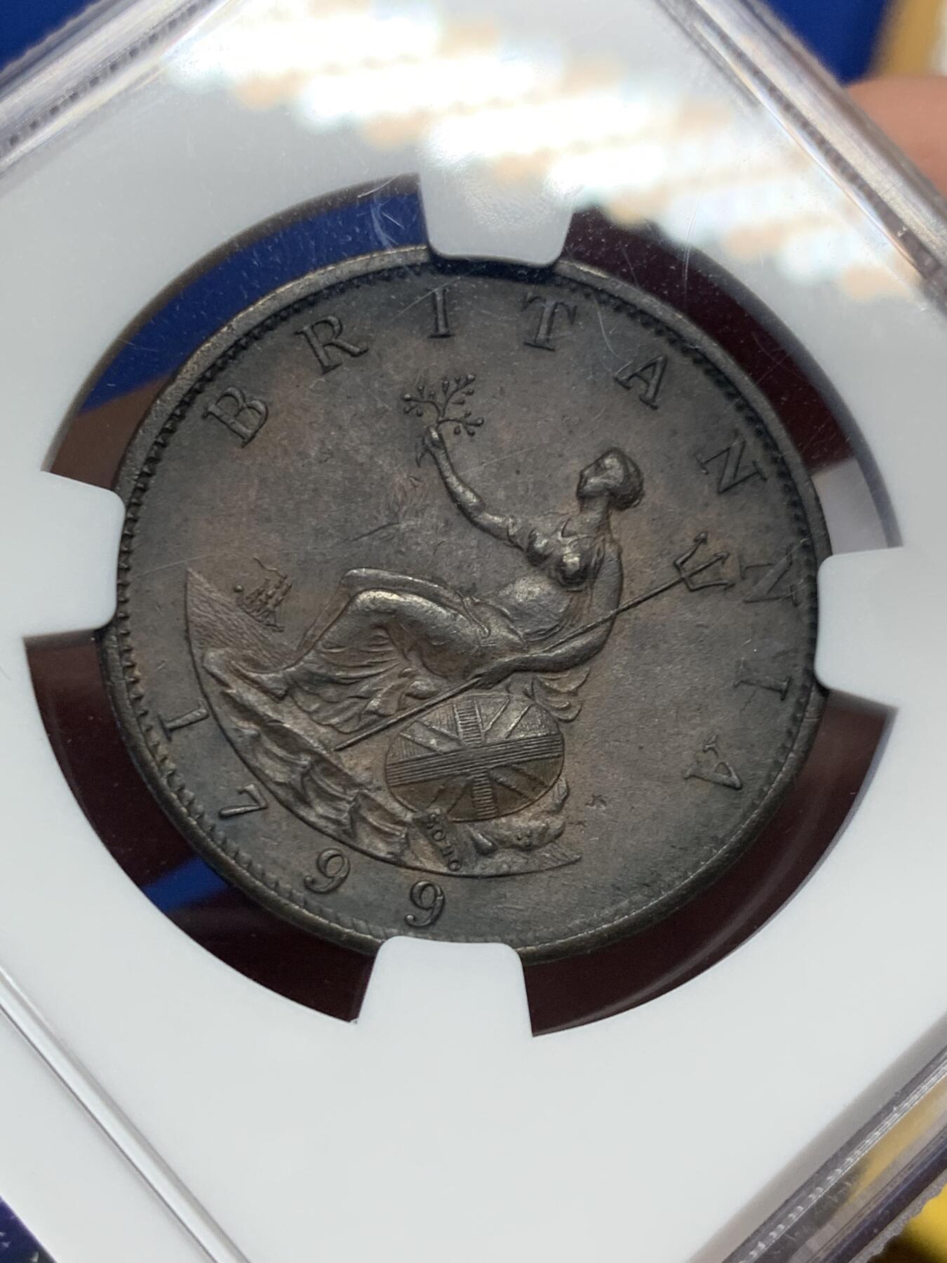 《竞宝斋》第425场 周日，周一  2场连拍 （全场包邮） NGC AU58BN 英国1799年乔治三世soho出厂的半便士 巧克力棕色