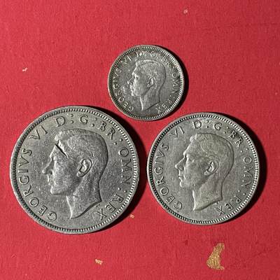 【银质纪念币、国外银币等珍品】限时专场 - 英国1940-47年乔治六世6便士，2先令，半克朗银币3枚