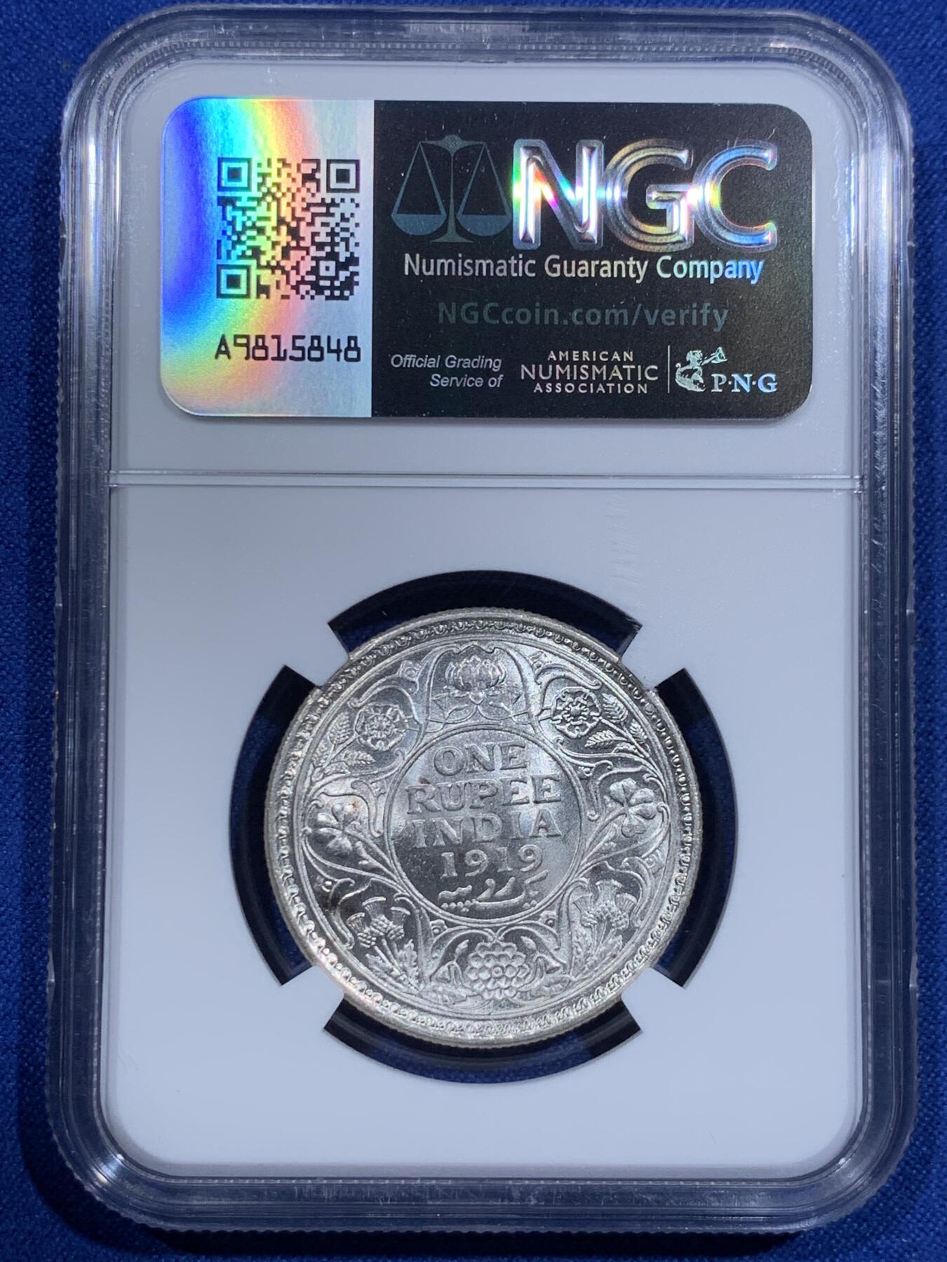 《竞宝斋》第425场 周日，周一  2场连拍 （全场包邮） NGC MS61 英属印度1919年乔治五世1卢比银币