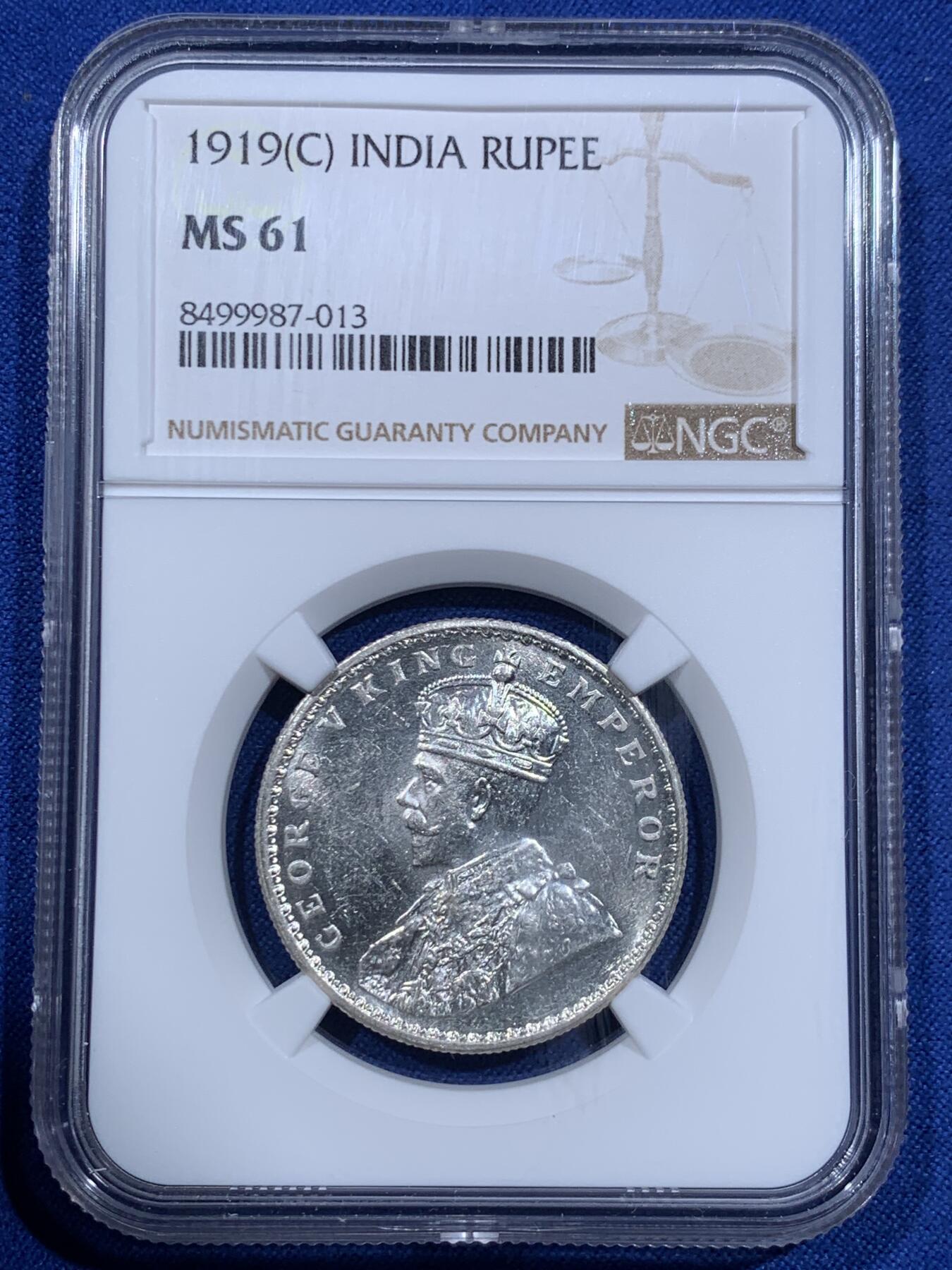 《竞宝斋》第425场 周日，周一  2场连拍 （全场包邮） NGC MS61 英属印度1919年乔治五世1卢比银币