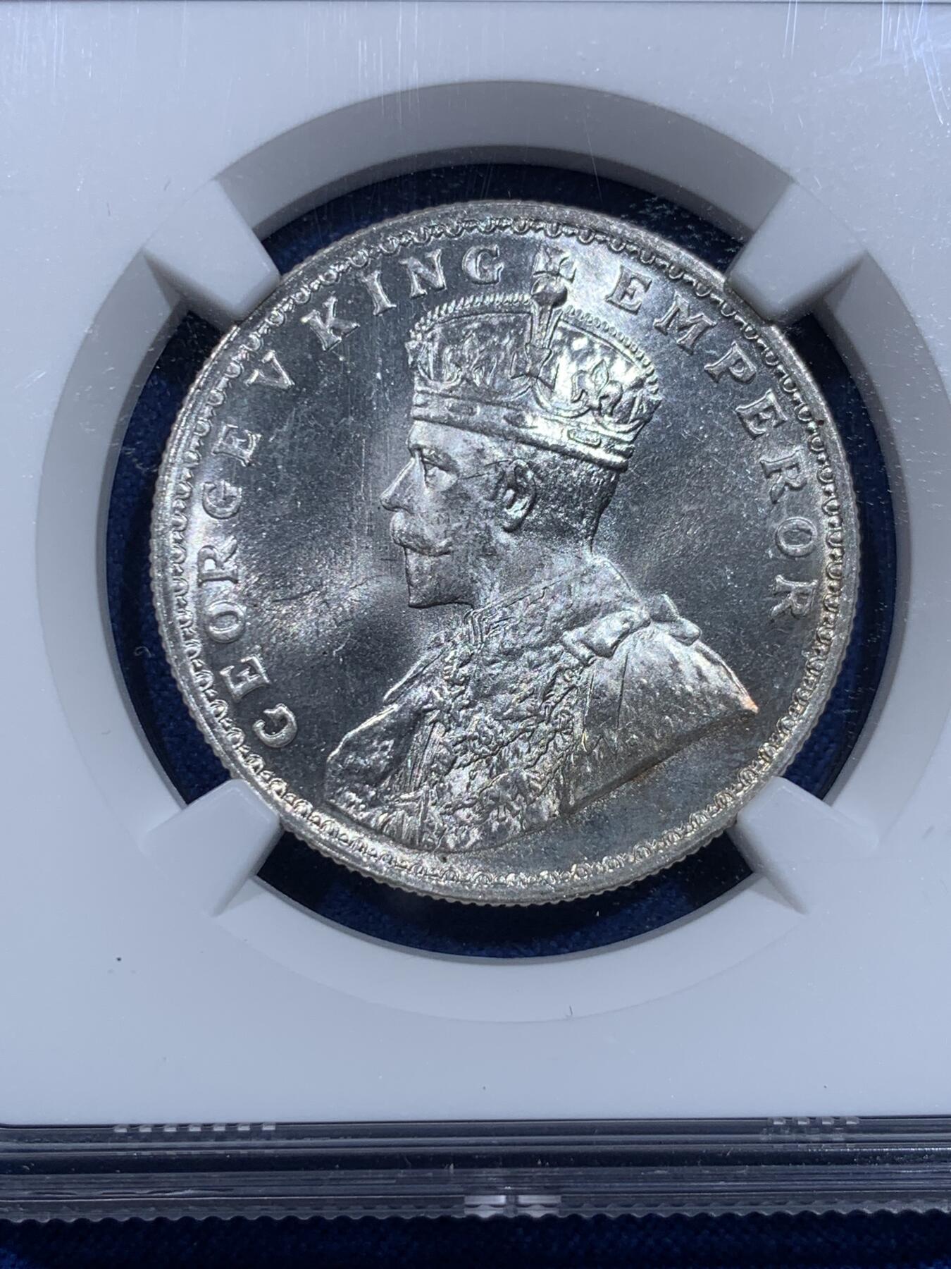 《竞宝斋》第425场 周日，周一  2场连拍 （全场包邮） NGC MS63+ 英属印度 1918年B版 乔治五世 1卢比 银币 超强转光