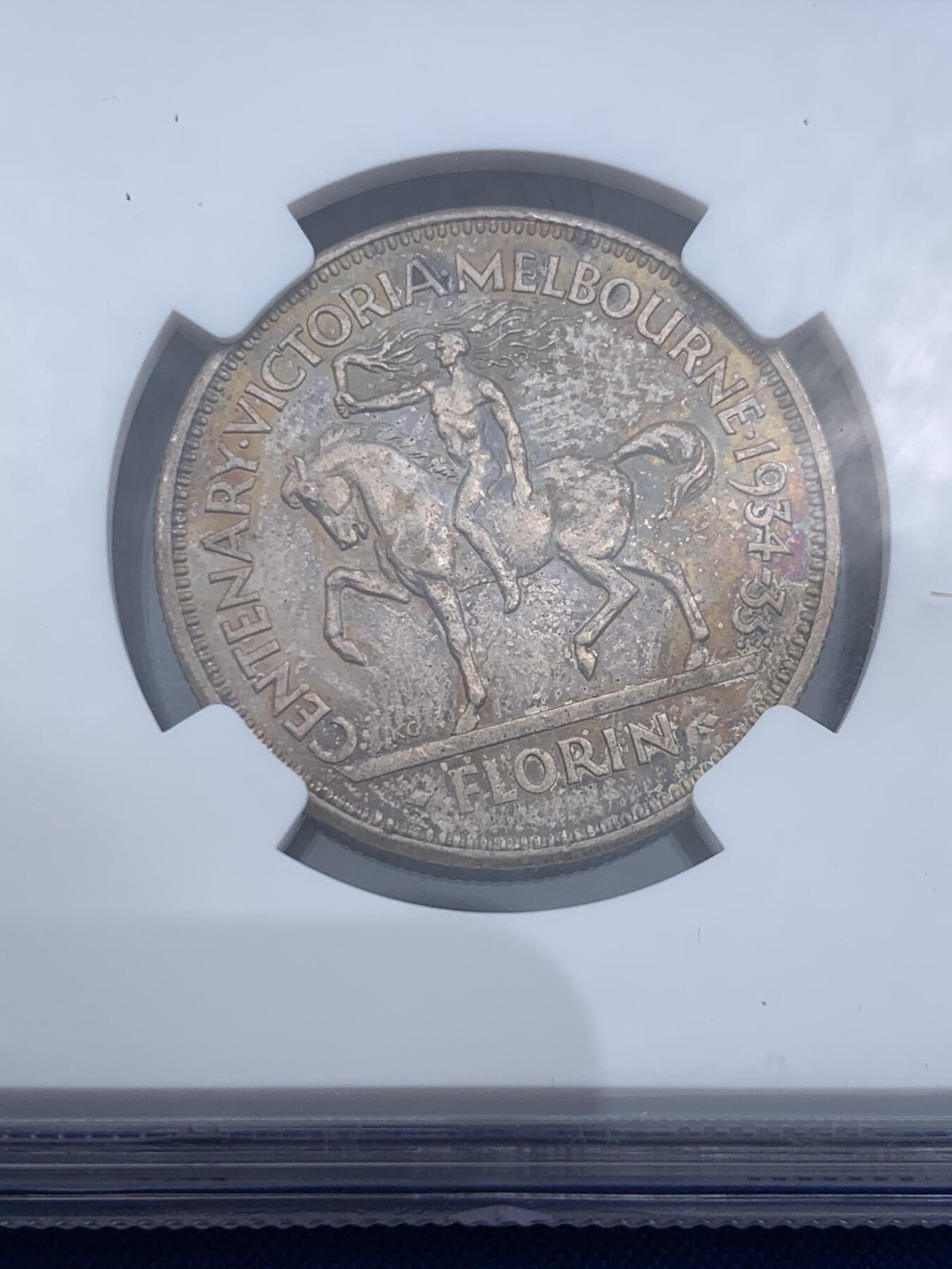 《竞宝斋》第425场 周日，周一  2场连拍 （全场包邮） 名誉品 NGC MS64 澳大利亚 1934-35 乔治五世 维多利亚州和墨尔本建城一百周年纪念银币 2023年同分6800成交