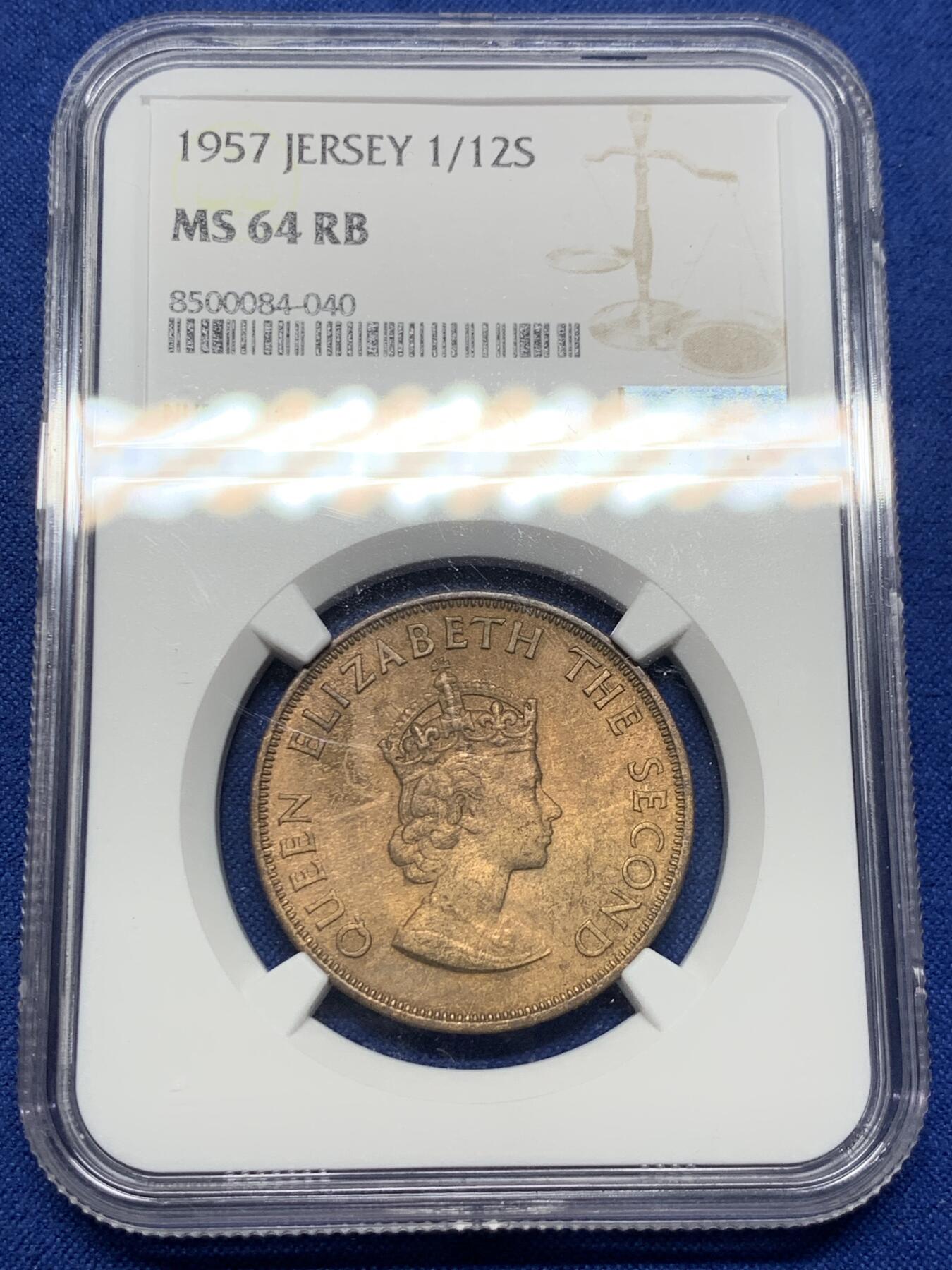 《竞宝斋》第425场 周日，周一  2场连拍 （全场包邮） NGC MS64RB 英属泽西岛1957年1/12先令 红棕色充分氧化 高分可藏