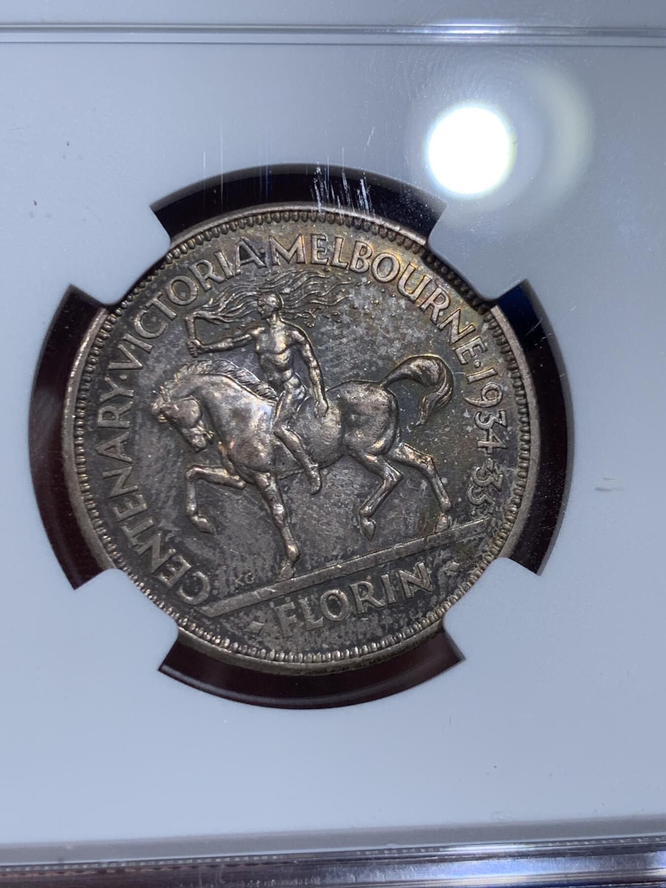 《竞宝斋》第425场 周日，周一  2场连拍 （全场包邮） 名誉品 NGC MS64 澳大利亚 1934-35 乔治五世 维多利亚州和墨尔本建城一百周年纪念银币 2023年同分6800成交