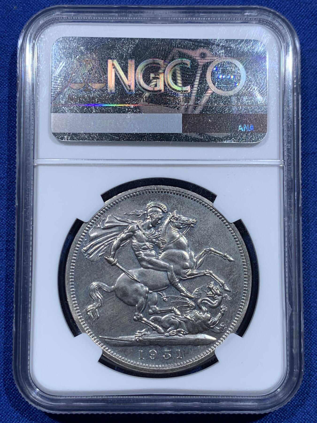 《竞宝斋》第425场 周日，周一  2场连拍 （全场包邮） NGC PL64 英国 1951年 乔治六世马剑 1克朗 镍币