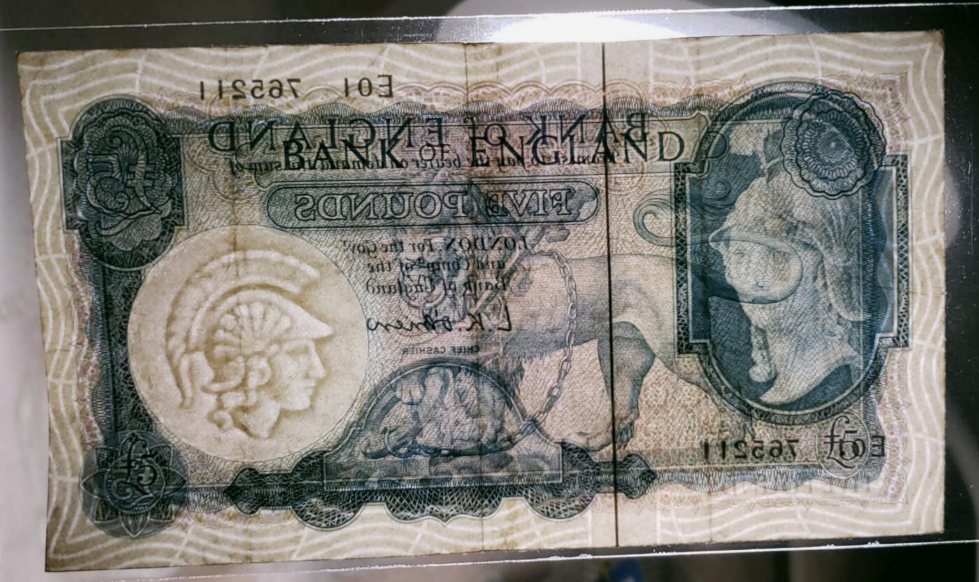 英国5镑纸币 1961年B序列 圣乔治屠龙版／狮子扛钥匙 外国收藏钱币欧洲旧票 介意勿拍（详细见图）
