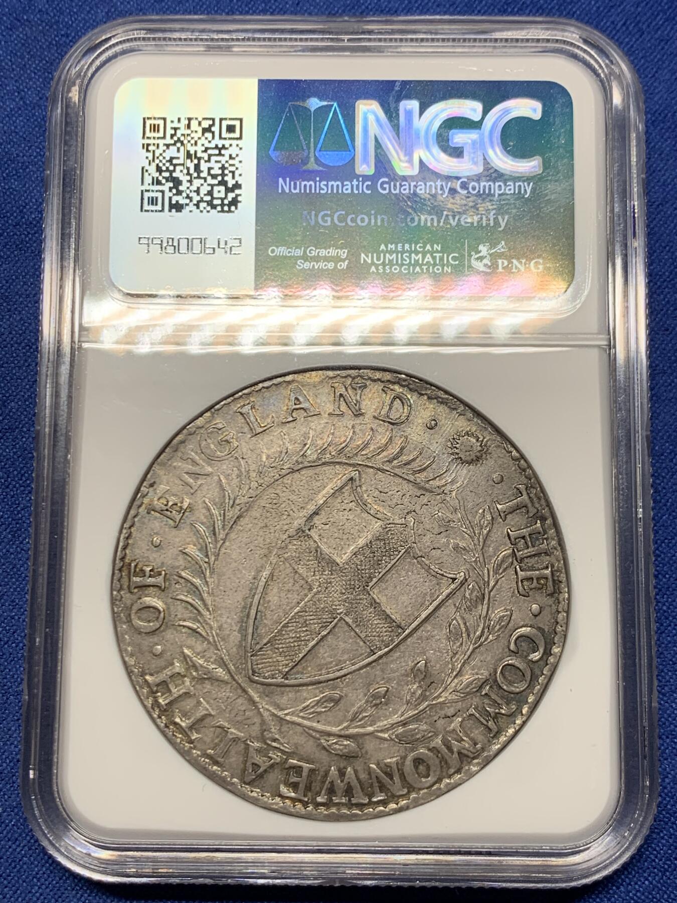 《竞宝斋》第425场 周日，周一  2场连拍 （全场包邮） NGC MS61 英国1656/4骑字commonwealth克朗，英国共和时期发行，少有的几种没有君主头像的英国钱币，大名誉品