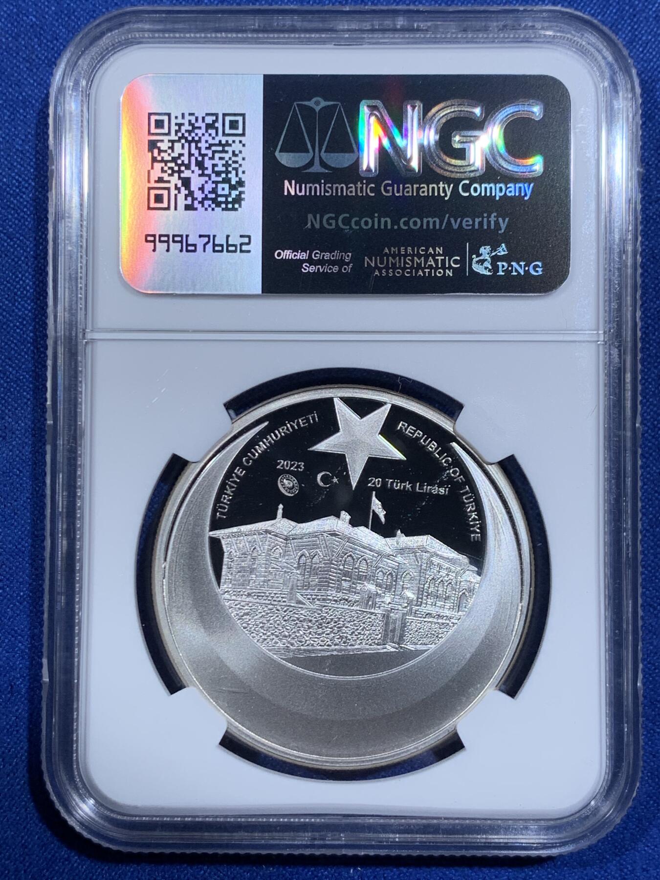 《竞宝斋》第425场 周日，周一  2场连拍 （全场包邮） NGC PF69UC 2023年土耳其首都定都安卡拉100周年20里拉精制纪念银币（1盎司克重，925银，38.61MM，带独立证书，限量发行3千枚）