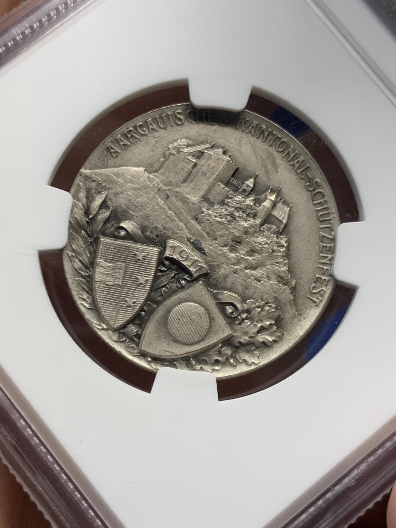 《竞宝斋》第425场 周日，周一  2场连拍 （全场包邮） NGC MS63 瑞士1911年阿尔高州棱茨堡射击节女神银章 稀少品种